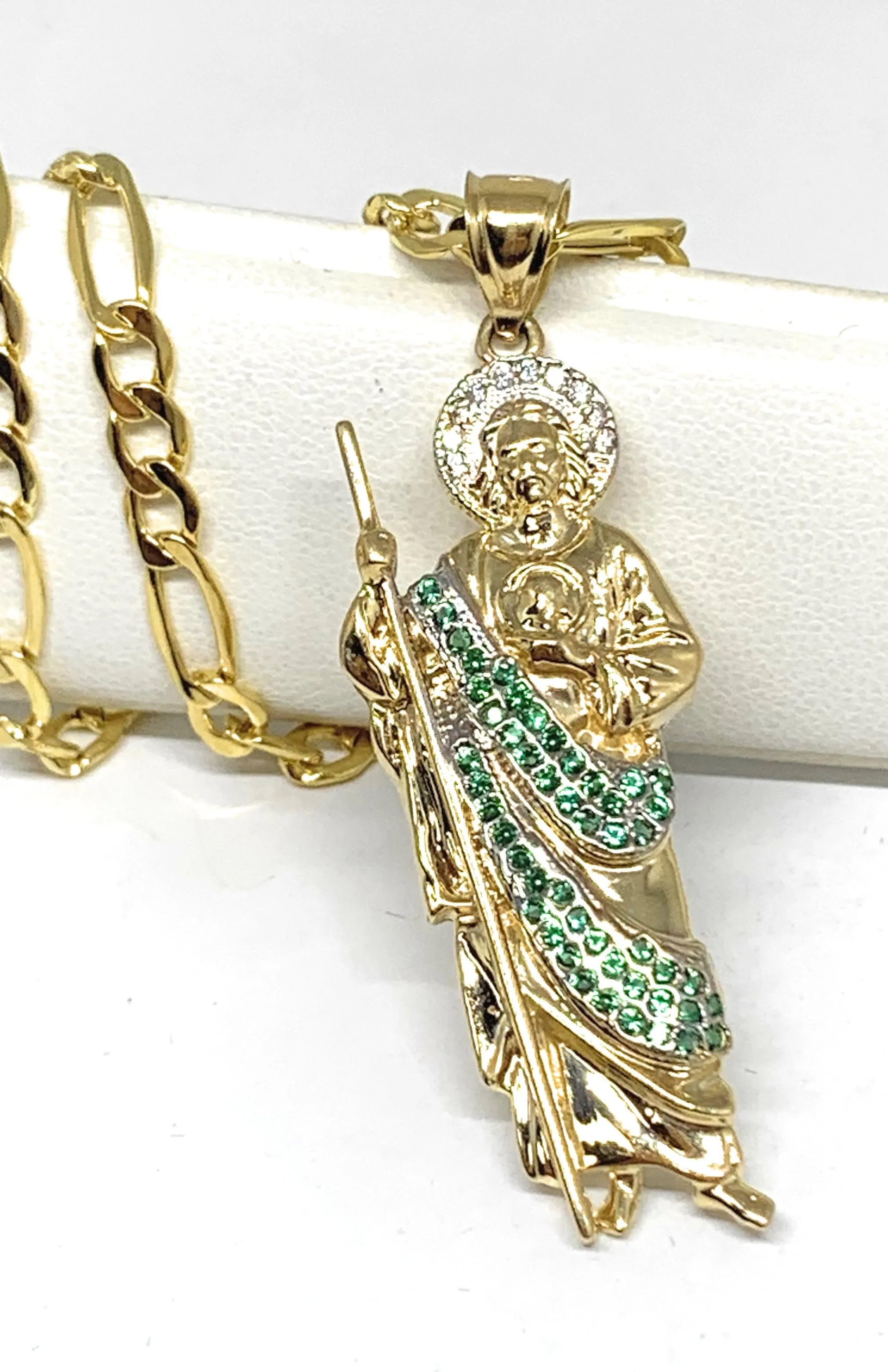 10k Solid Gold Yellow White & Green CZ Saan Judas Saaint Jude Pendant (LG, MED)