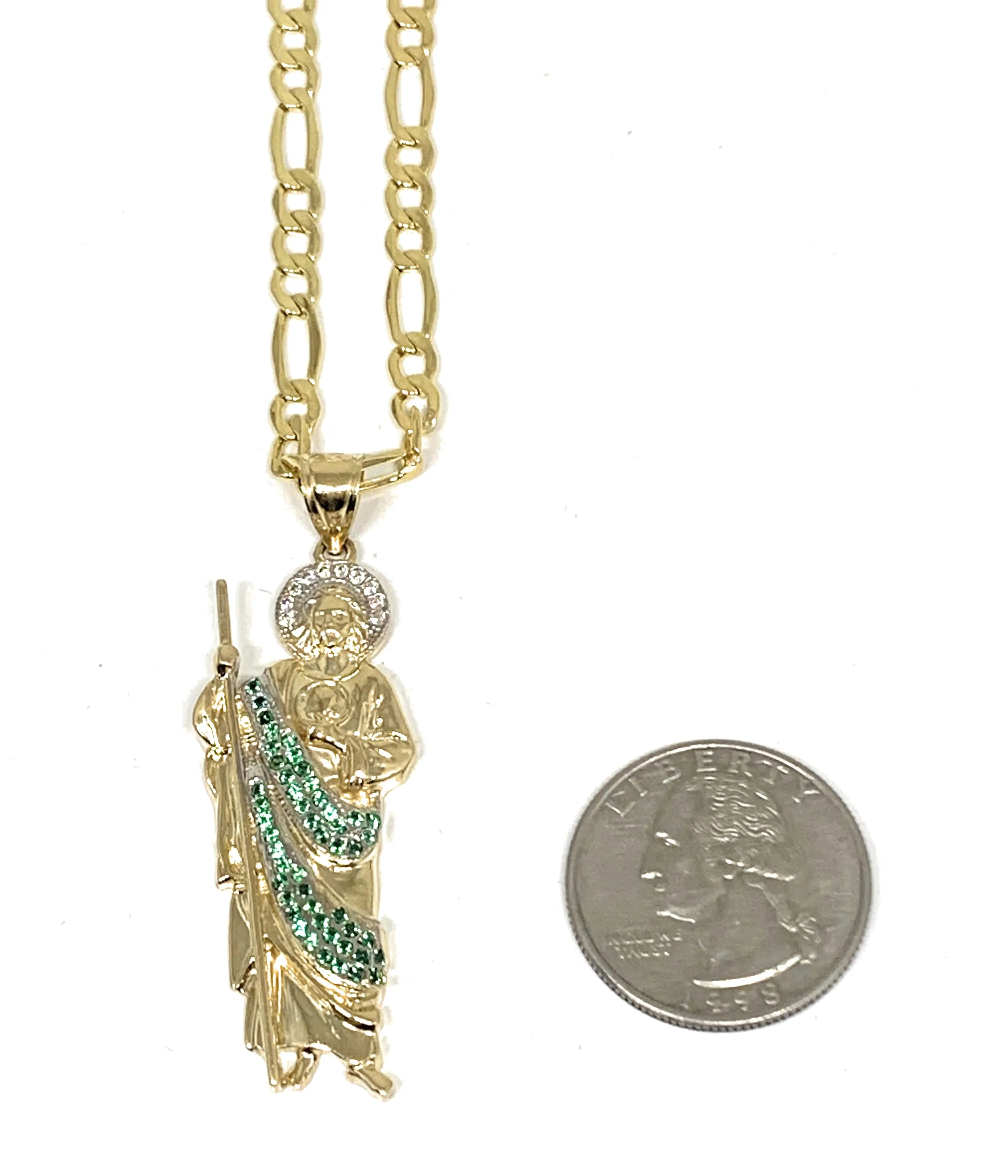 10k Solid Gold Yellow White & Green CZ Saan Judas Saaint Jude Pendant (LG, MED)