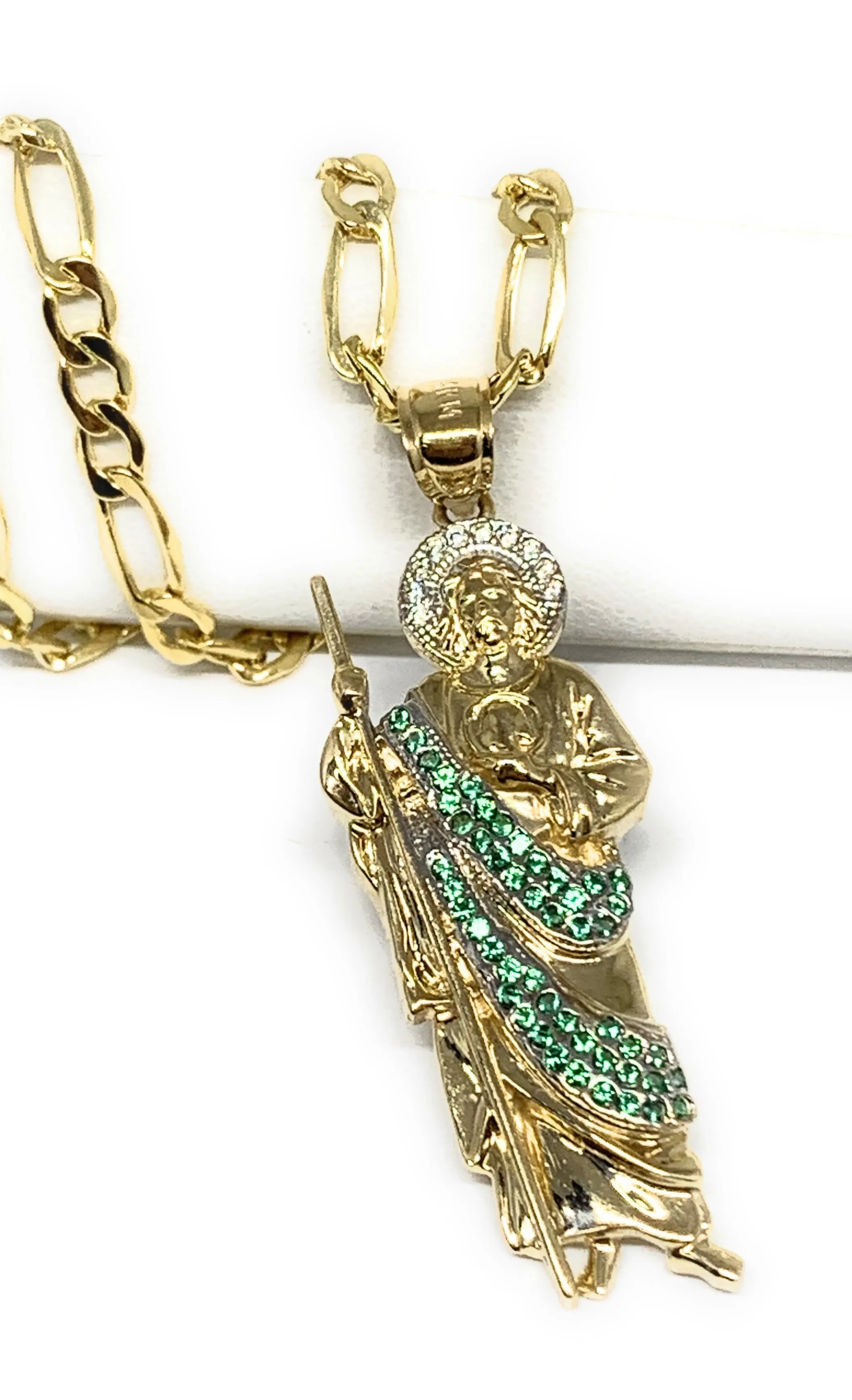 10k Solid Gold Yellow White & Green CZ Saan Judas Saaint Jude Pendant (LG, MED)