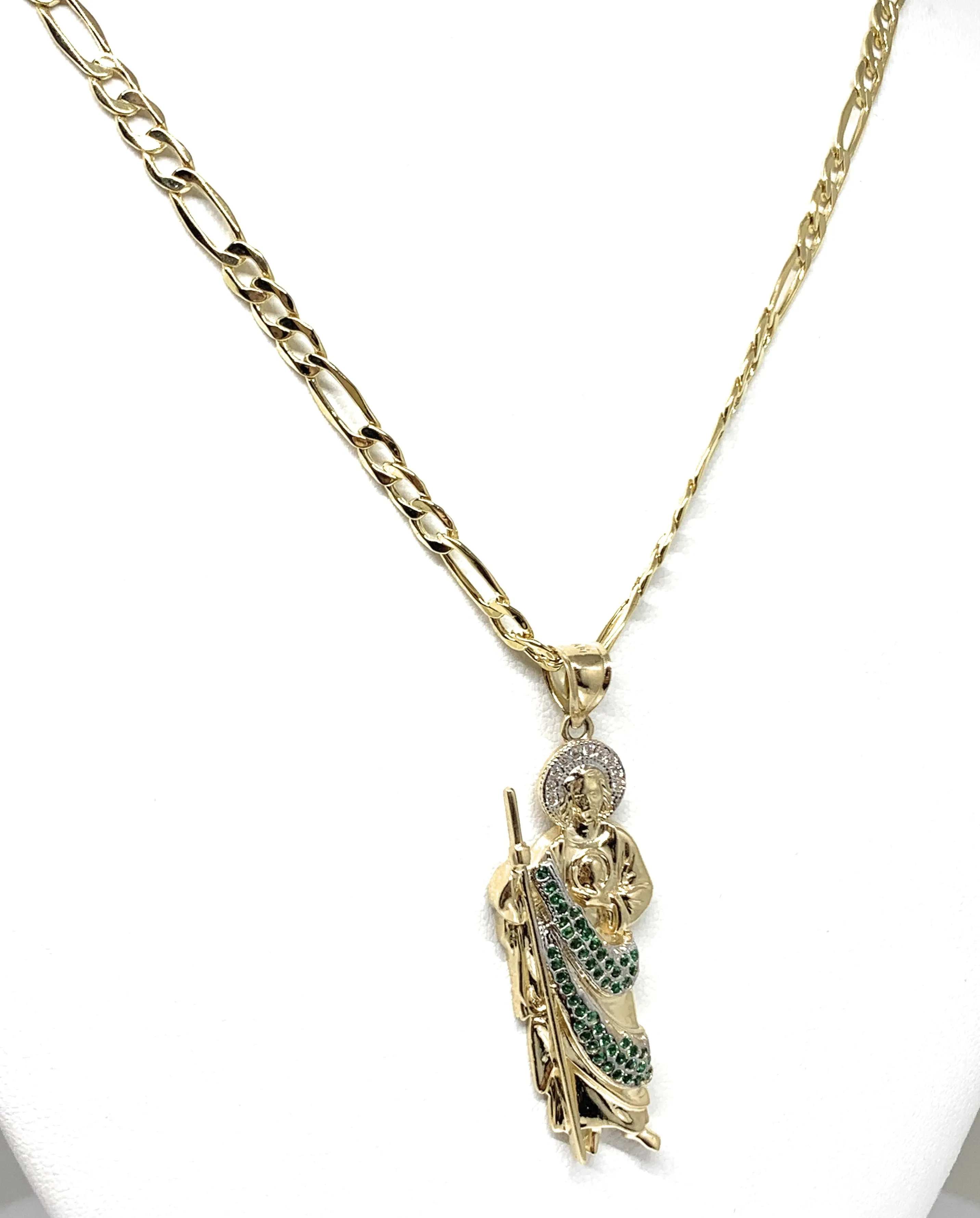 10k Solid Gold Yellow White & Green CZ Saan Judas Saaint Jude Pendant (LG, MED)