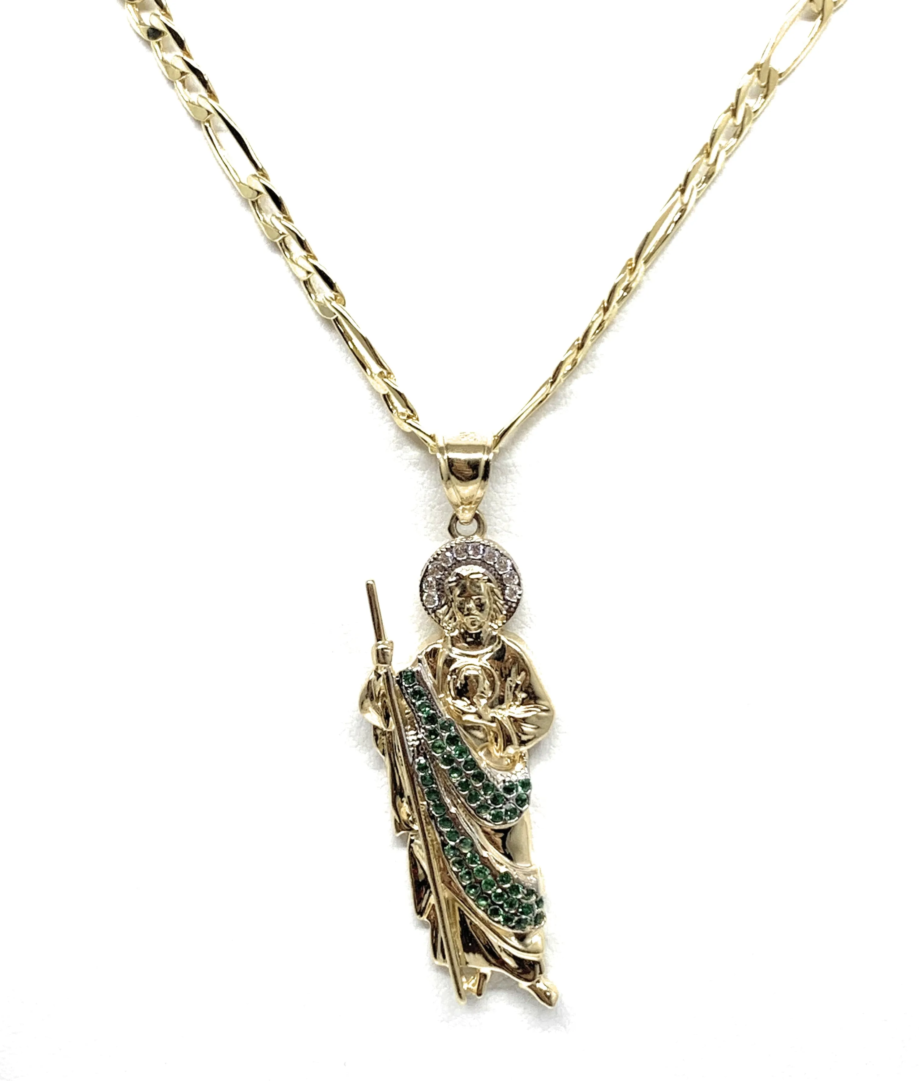 10k Solid Gold Yellow White & Green CZ Saan Judas Saaint Jude Pendant (LG, MED)