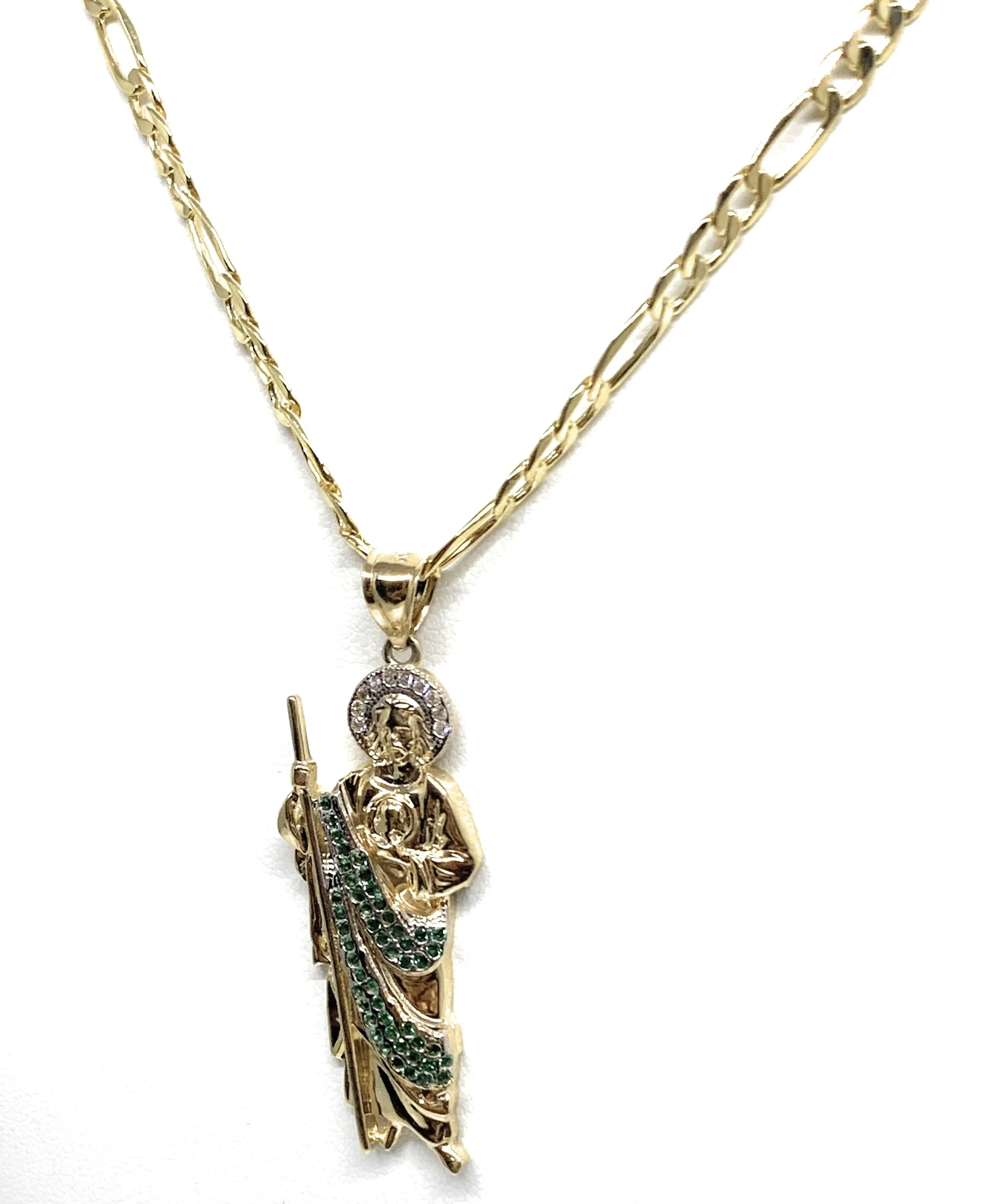 10k Solid Gold Yellow White & Green CZ Saan Judas Saaint Jude Pendant (LG, MED)