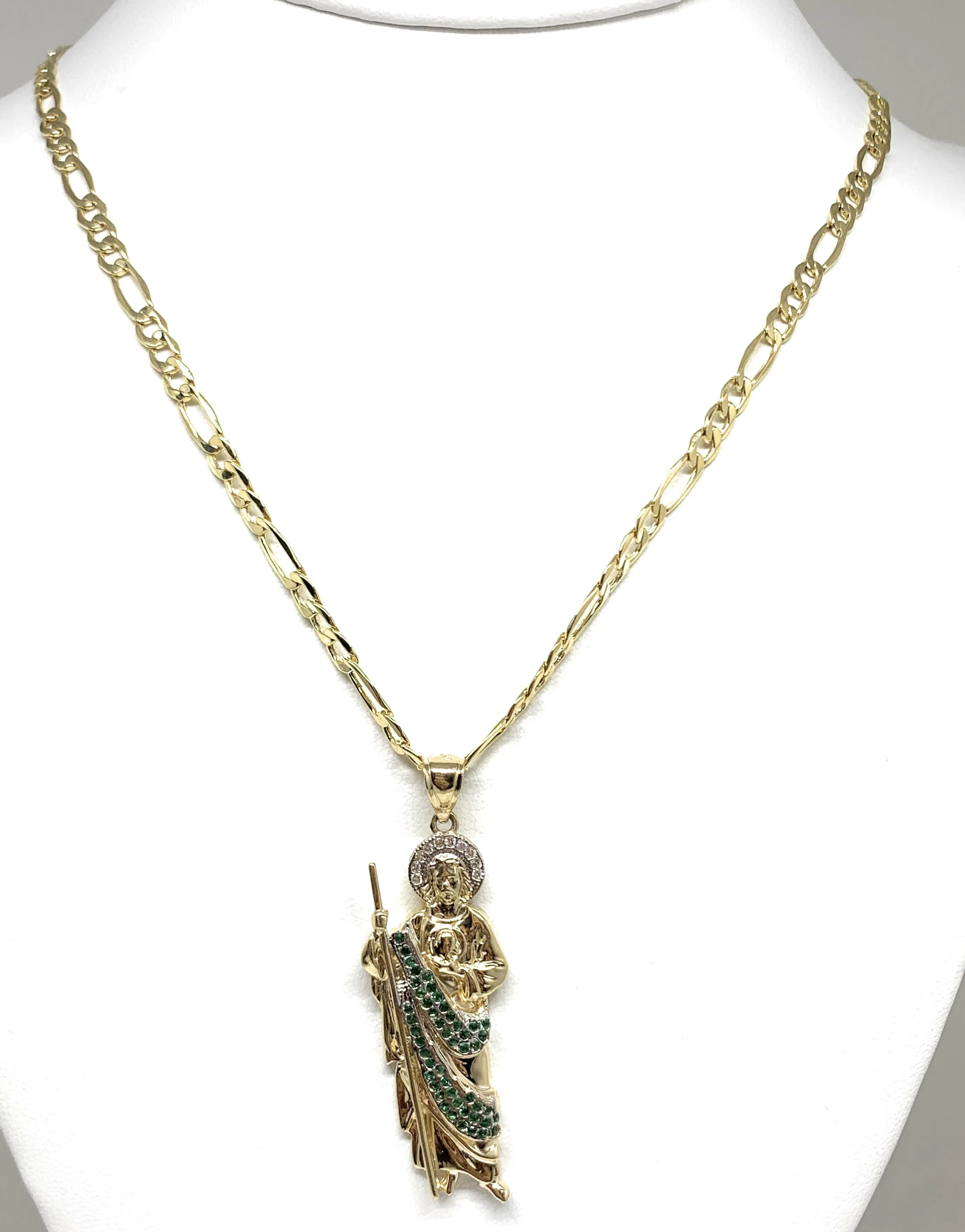 10k Solid Gold Yellow White & Green CZ Saan Judas Saaint Jude Pendant (LG, MED)