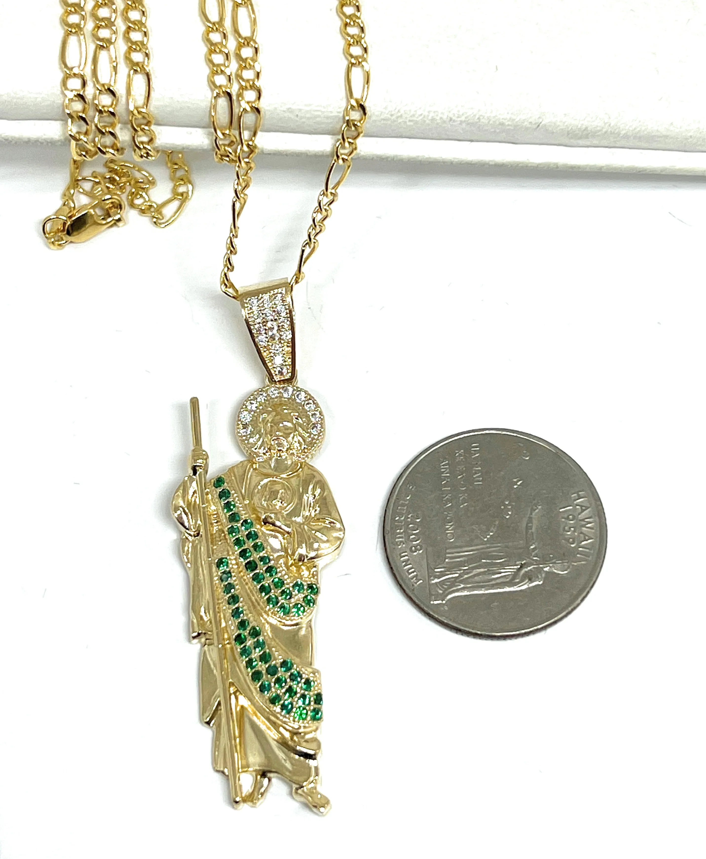 14k Solid Gold Yellow Green, White CZ Saan Judas Saaint Jude Pendant with Chain Optional