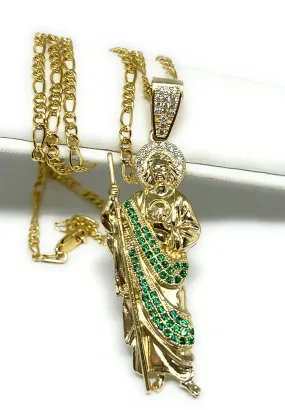 14k Solid Gold Yellow Green, White CZ Saan Judas Saaint Jude Pendant with Chain Optional