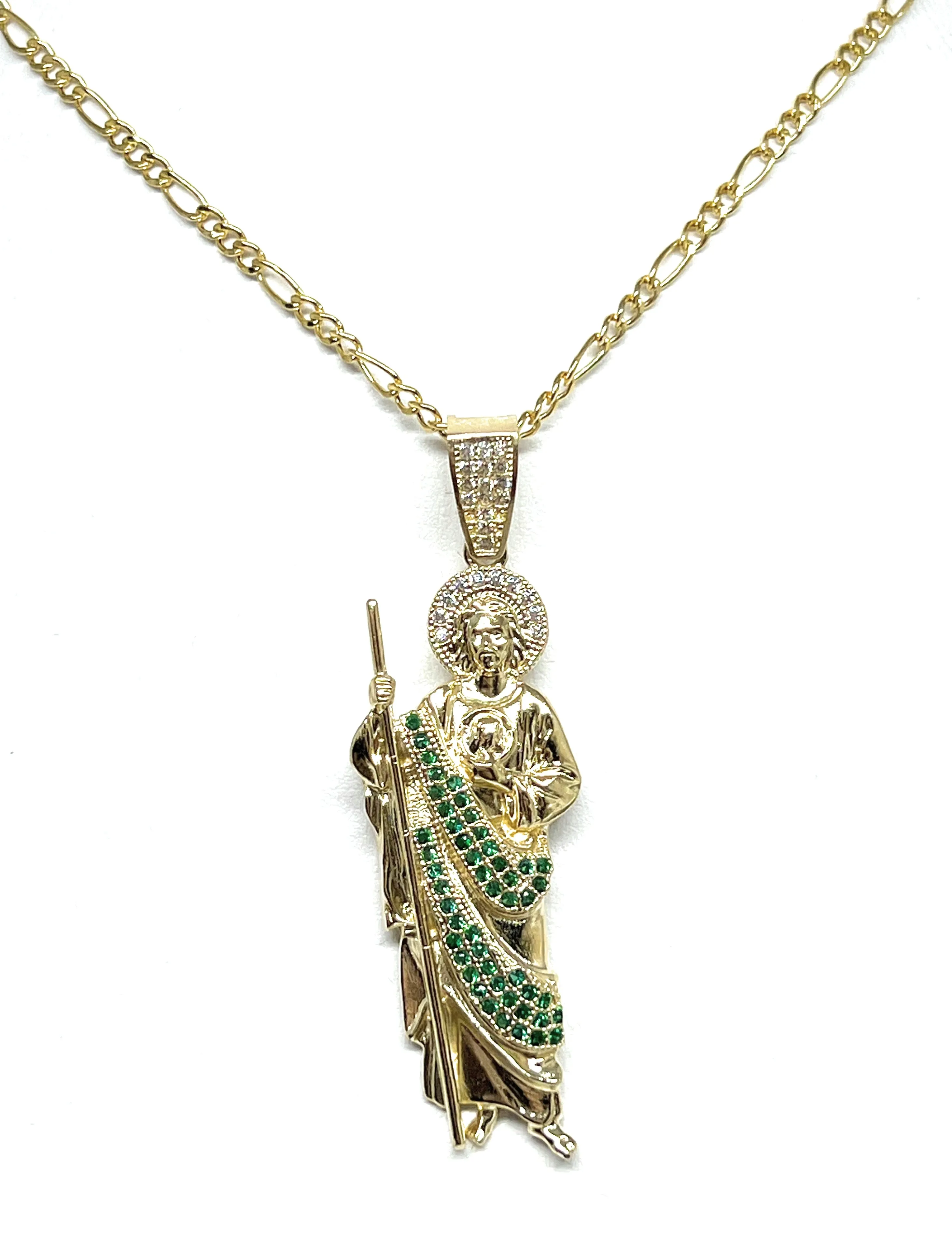 14k Solid Gold Yellow Green, White CZ Saan Judas Saaint Jude Pendant with Chain Optional