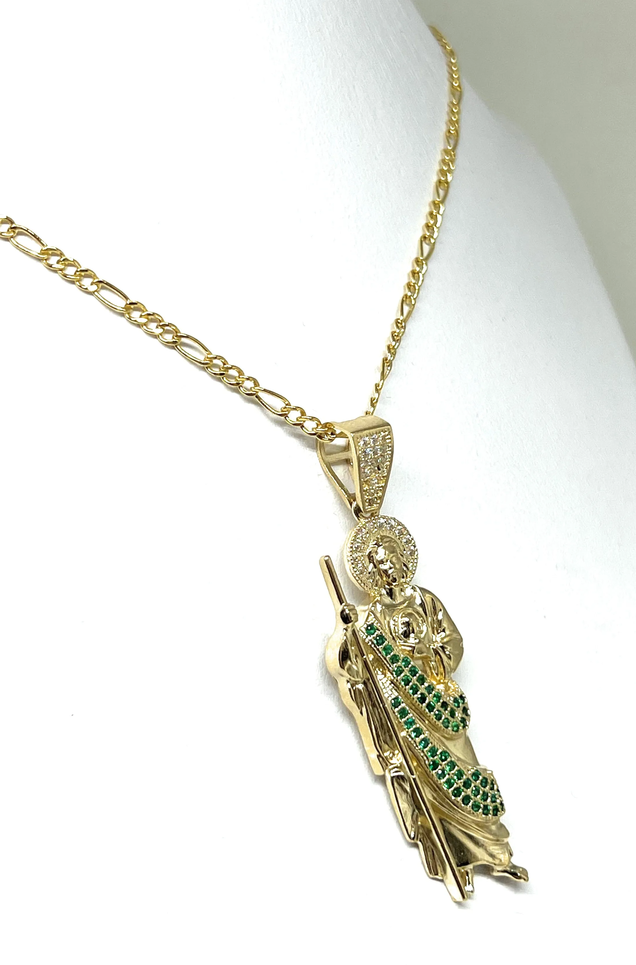 14k Solid Gold Yellow Green, White CZ Saan Judas Saaint Jude Pendant with Chain Optional