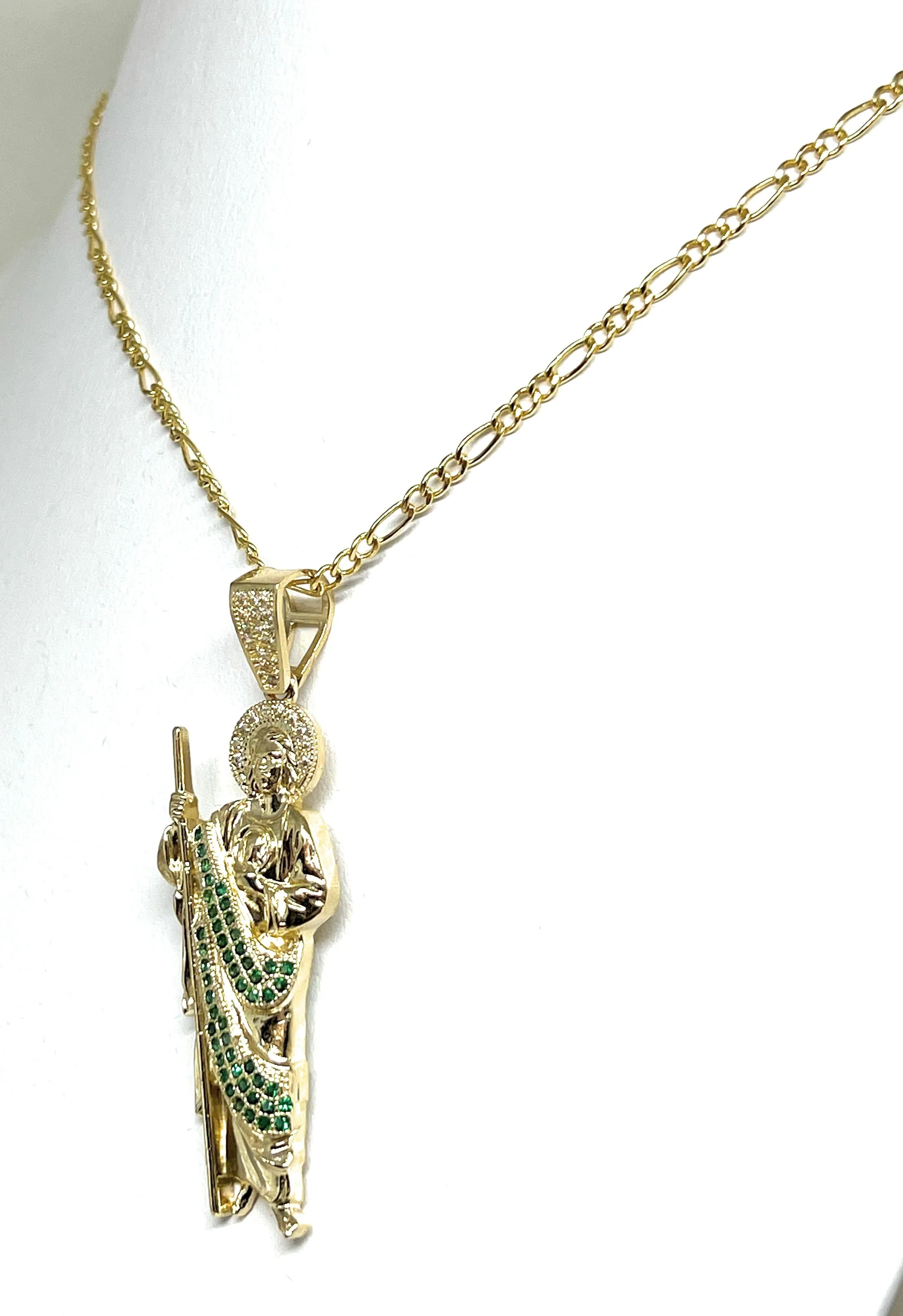 14k Solid Gold Yellow Green, White CZ Saan Judas Saaint Jude Pendant with Chain Optional