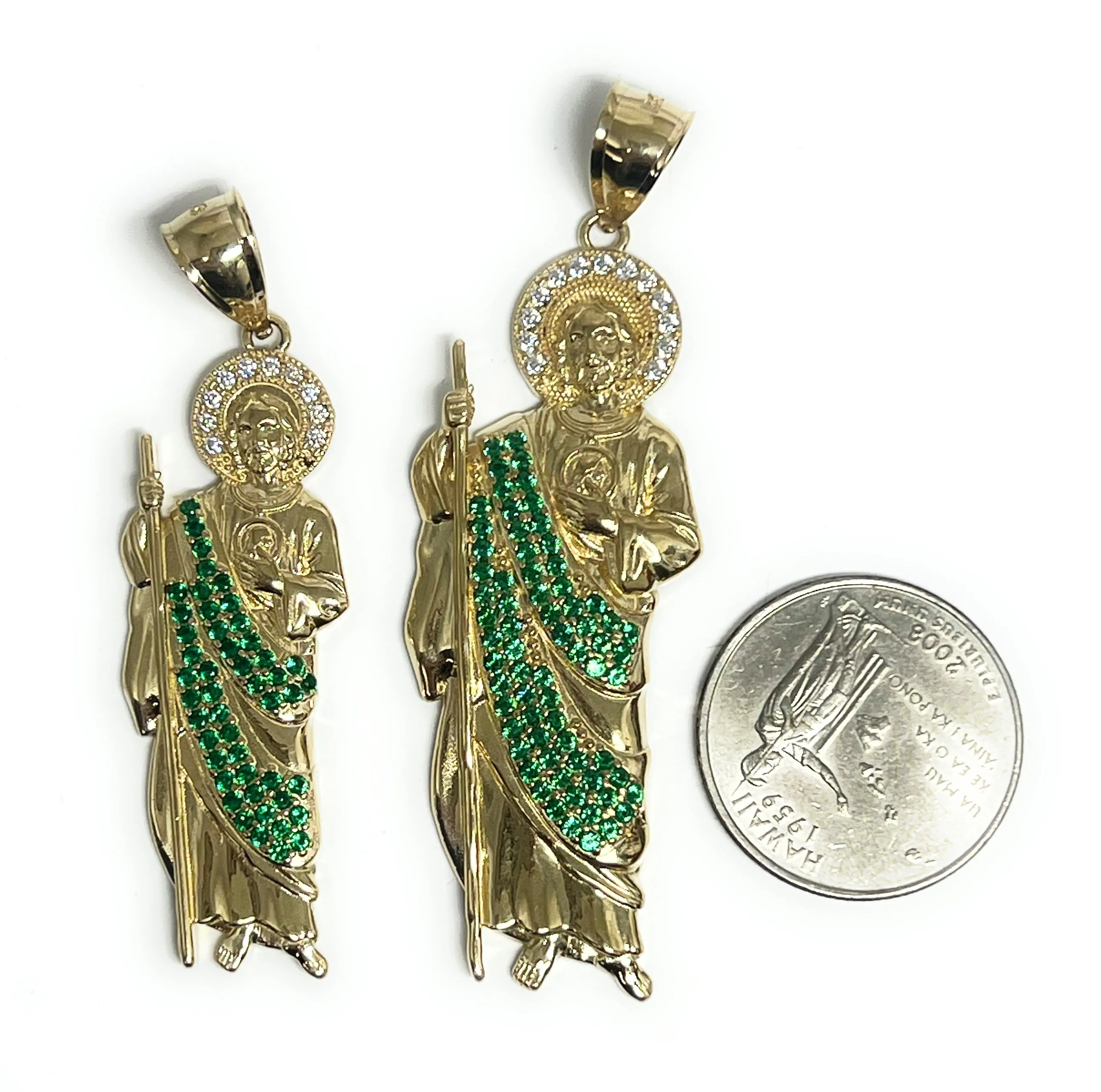 14k Solid Gold Yellow White & Green CZ Saan Judas Saaint Jude Pendant with Chain Optional (SM, MED)