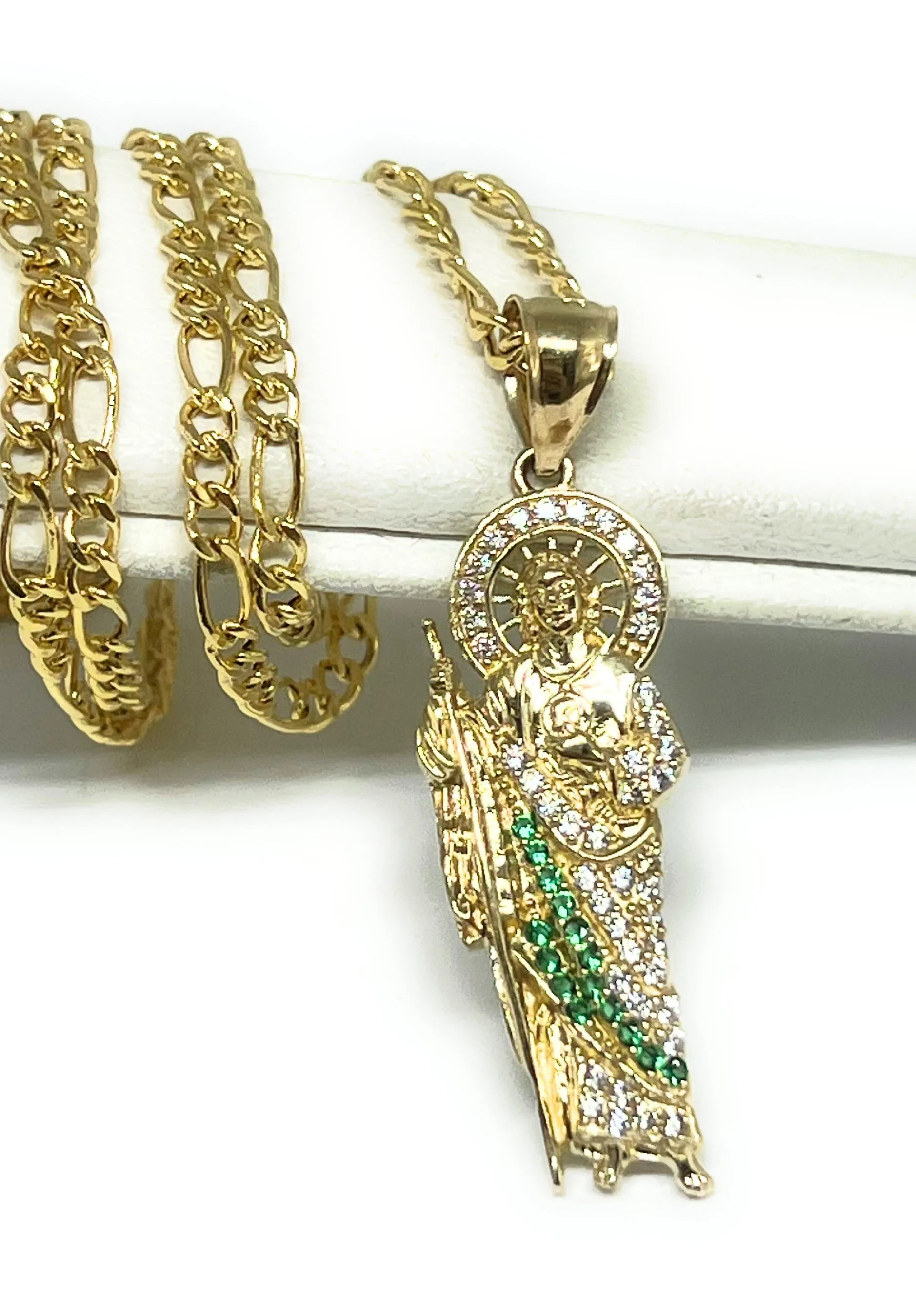 14k Solid Gold Yellow White, Green CZ Saan Judas Saaint Jude Necklace Pendant