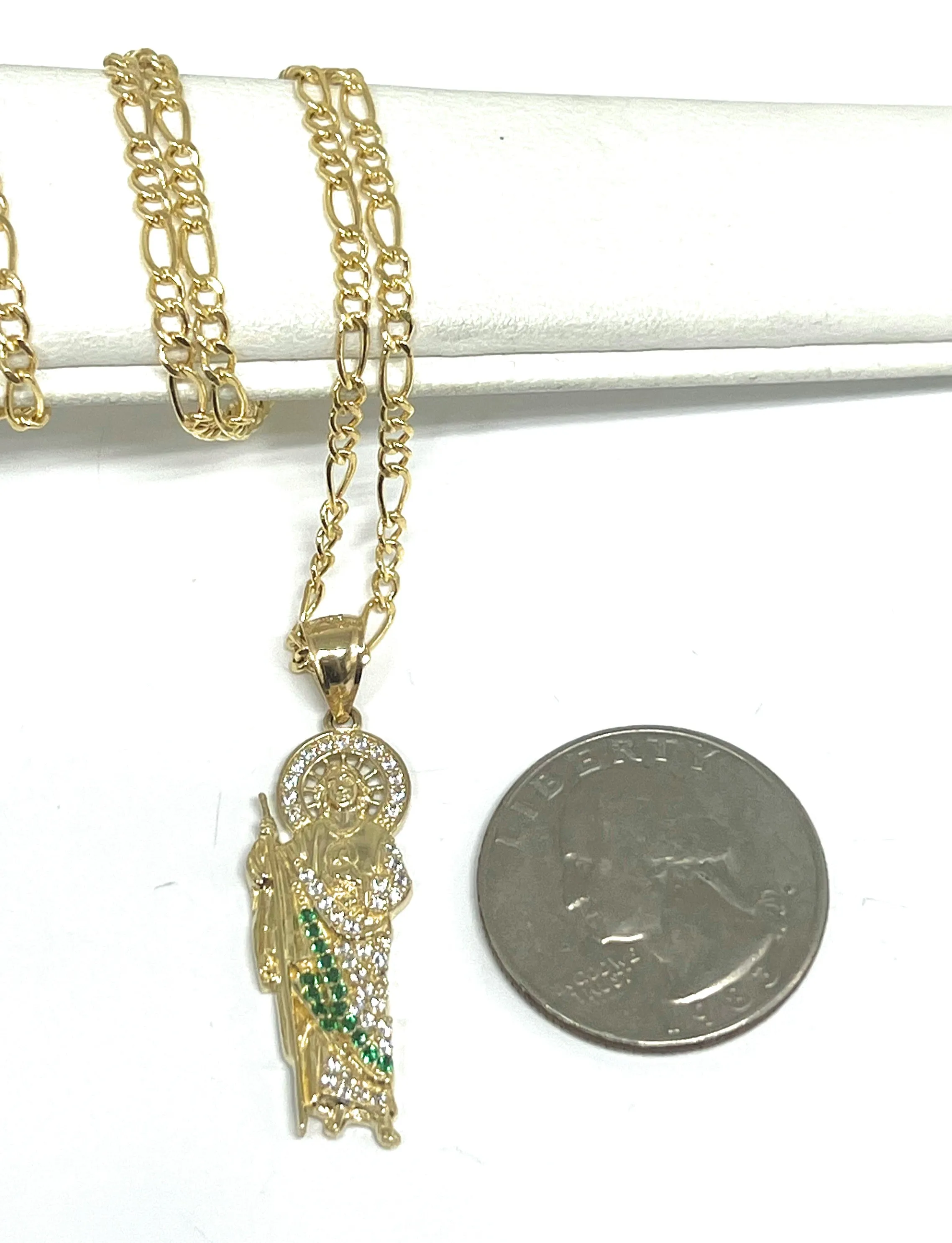 14k Solid Gold Yellow White, Green CZ Saan Judas Saaint Jude Necklace Pendant