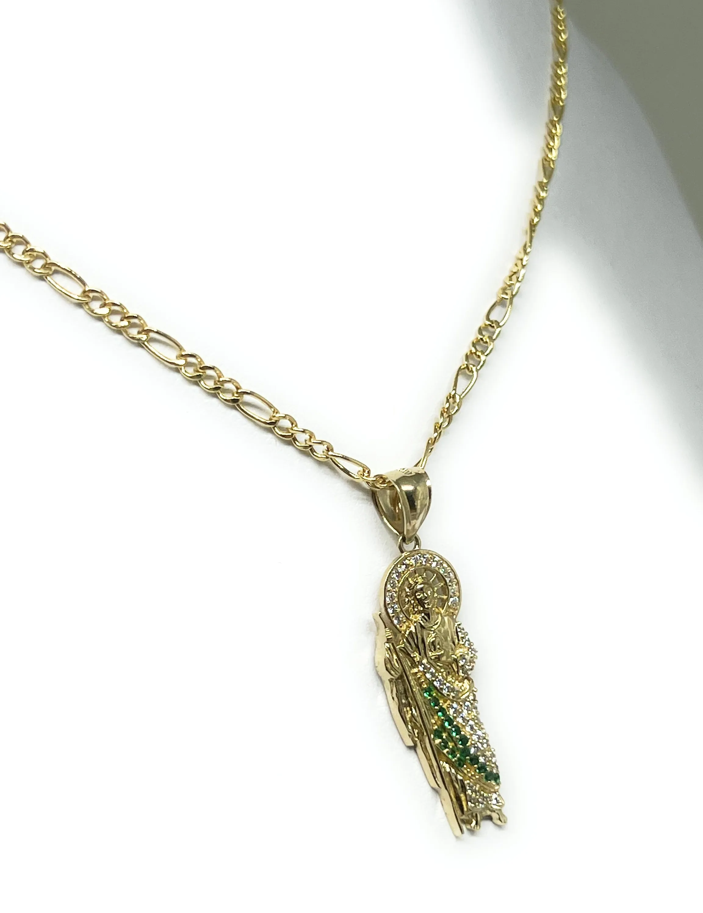 14k Solid Gold Yellow White, Green CZ Saan Judas Saaint Jude Necklace Pendant