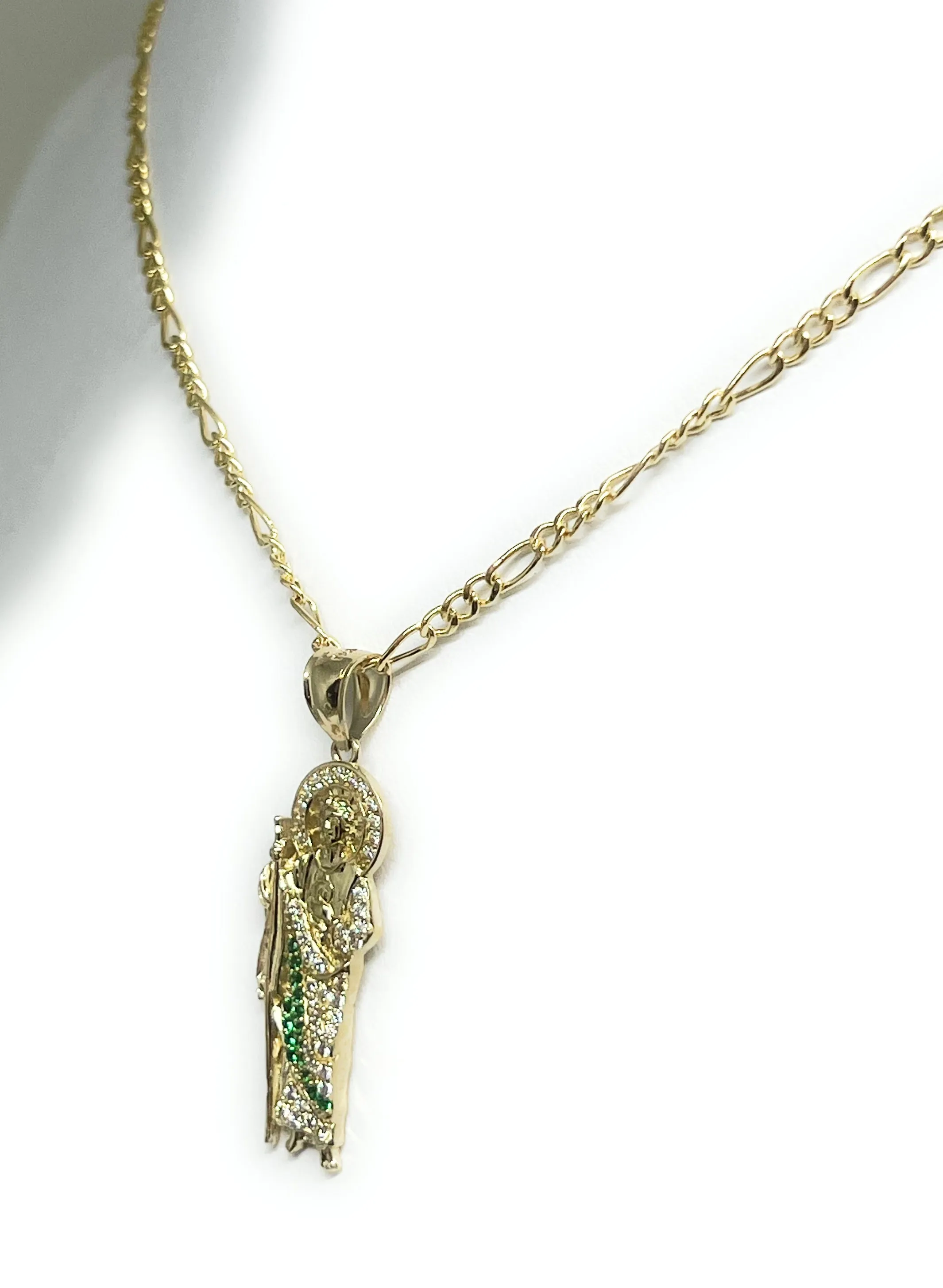 14k Solid Gold Yellow White, Green CZ Saan Judas Saaint Jude Necklace Pendant