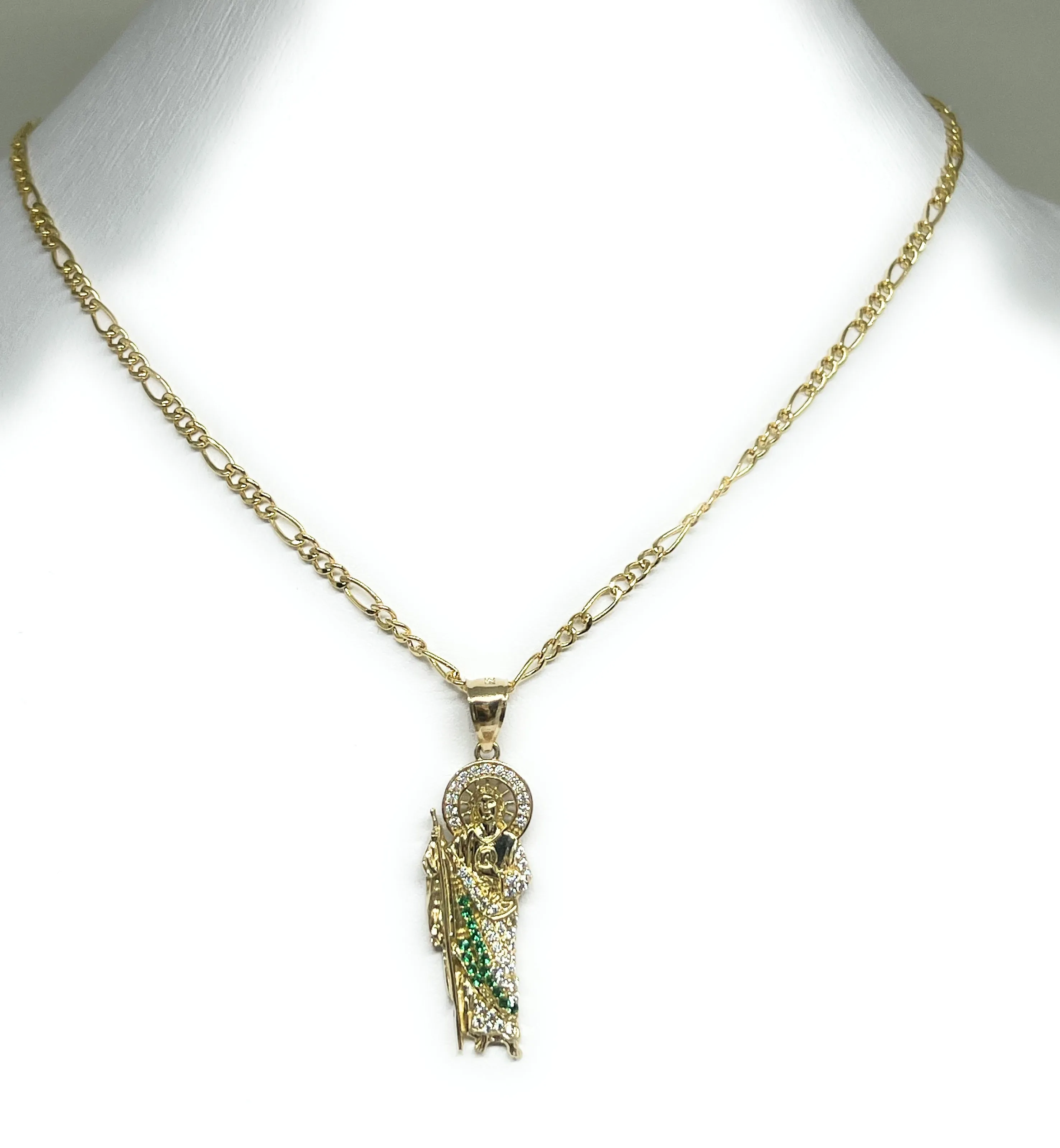 14k Solid Gold Yellow White, Green CZ Saan Judas Saaint Jude Necklace Pendant