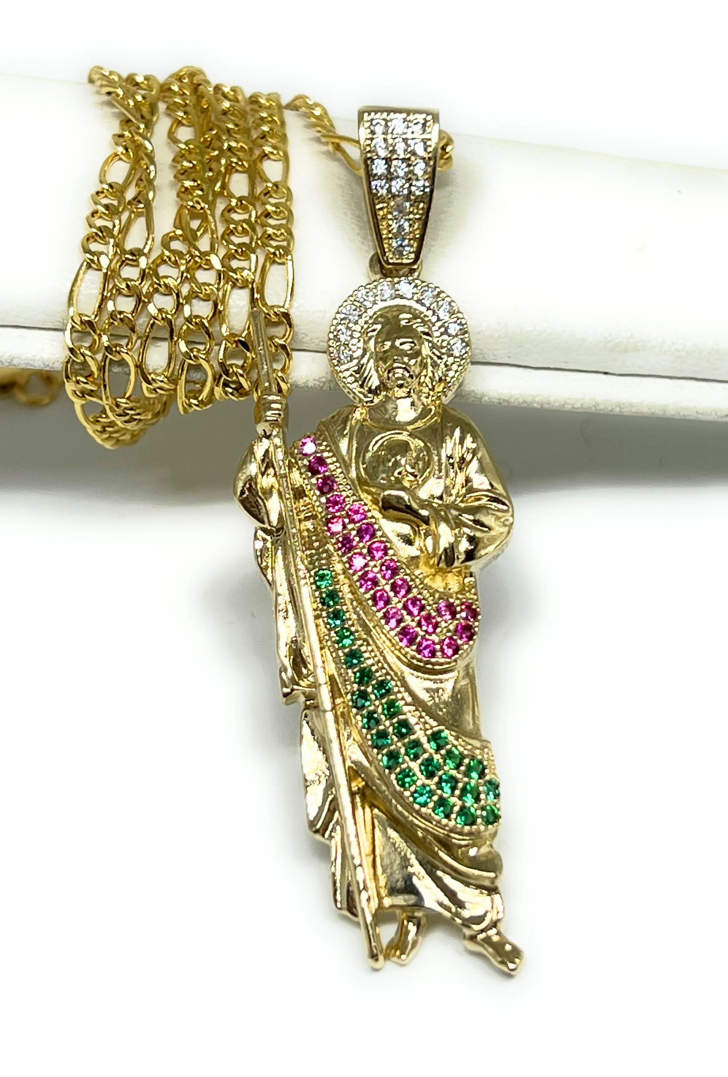 14k Solid Gold Yellow White, Green, Red CZ Saan Judas Saaint Jude Pendant with Chain Optional