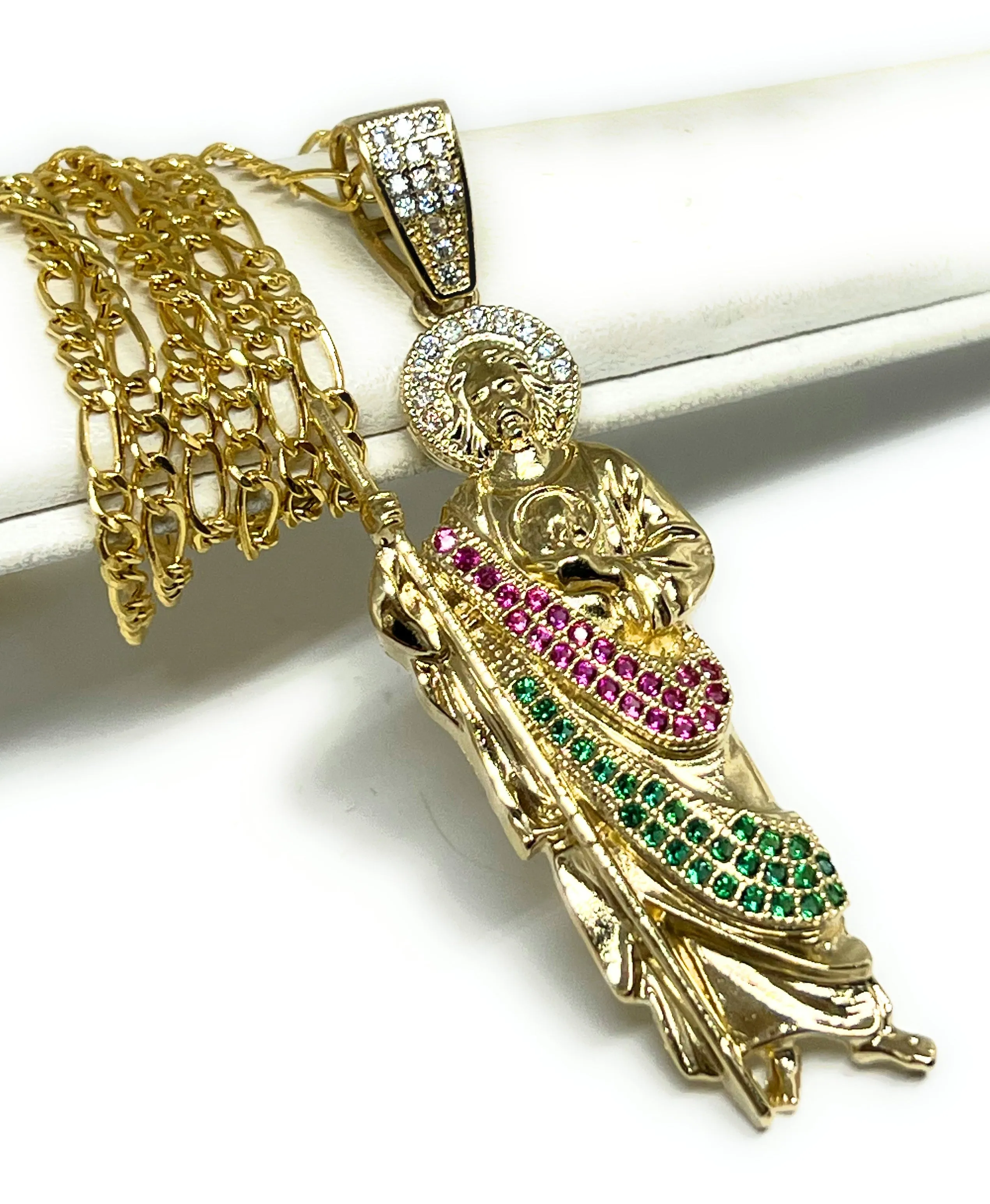 14k Solid Gold Yellow White, Green, Red CZ Saan Judas Saaint Jude Pendant with Chain Optional