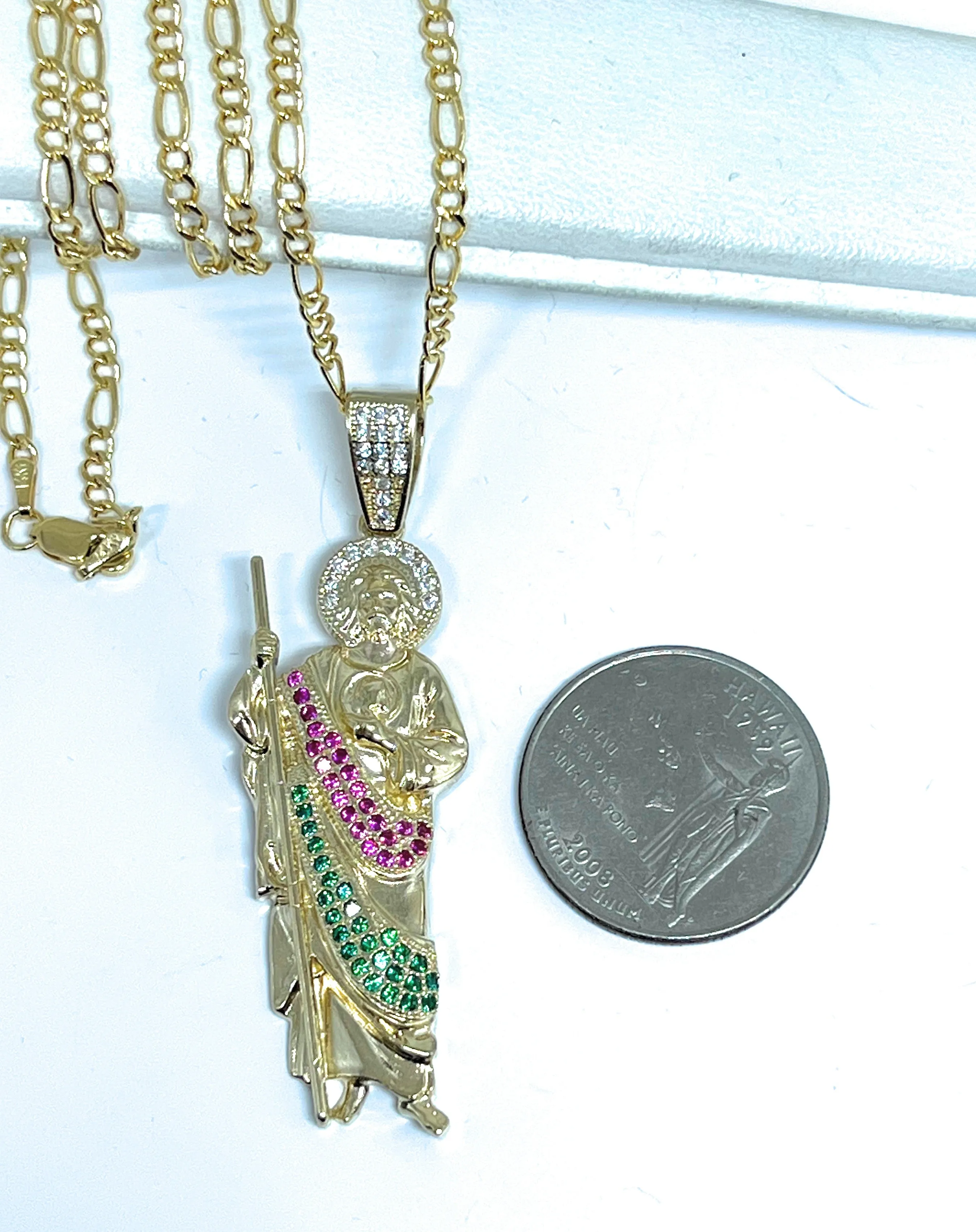 14k Solid Gold Yellow White, Green, Red CZ Saan Judas Saaint Jude Pendant with Chain Optional