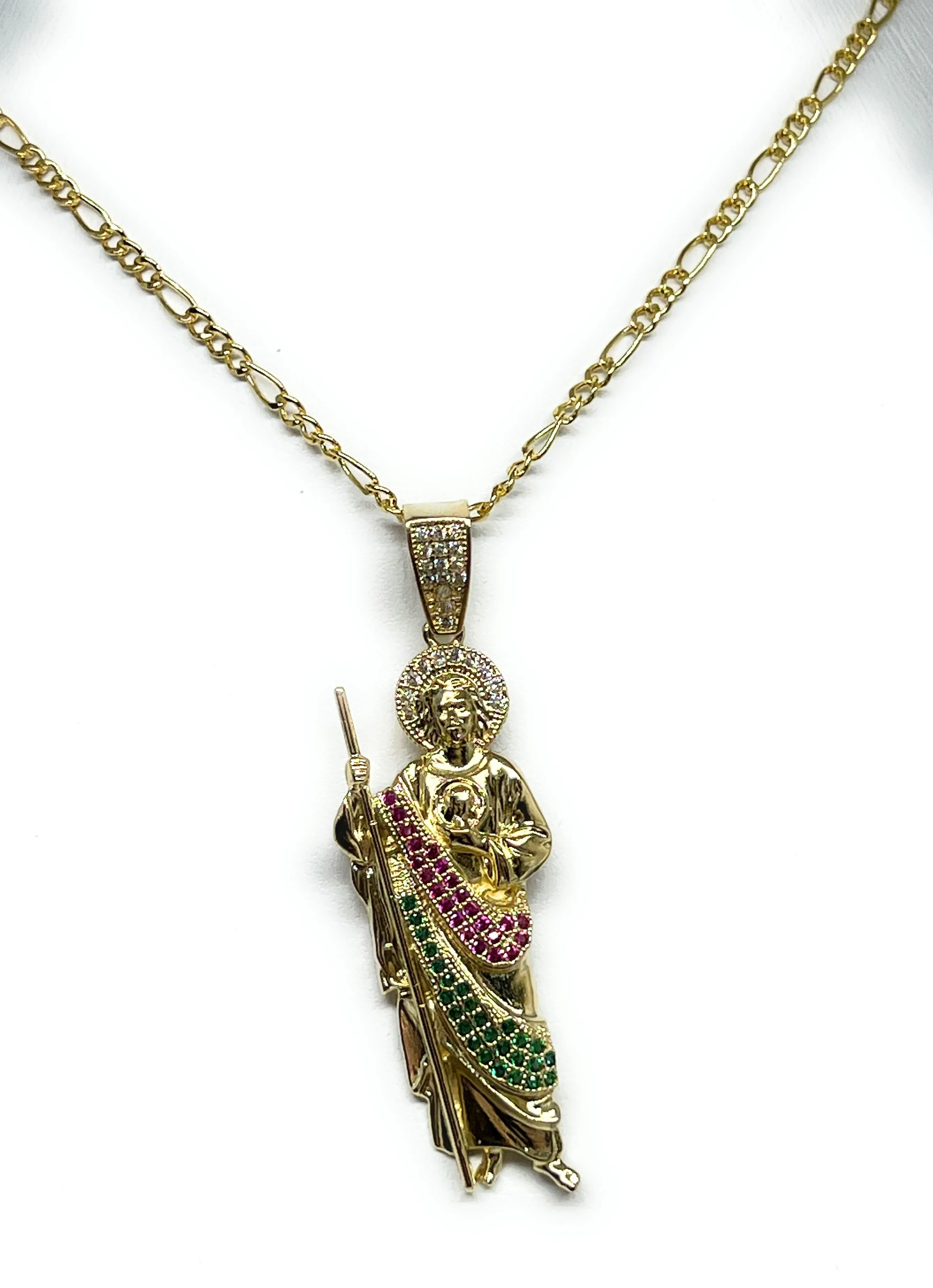 14k Solid Gold Yellow White, Green, Red CZ Saan Judas Saaint Jude Pendant with Chain Optional