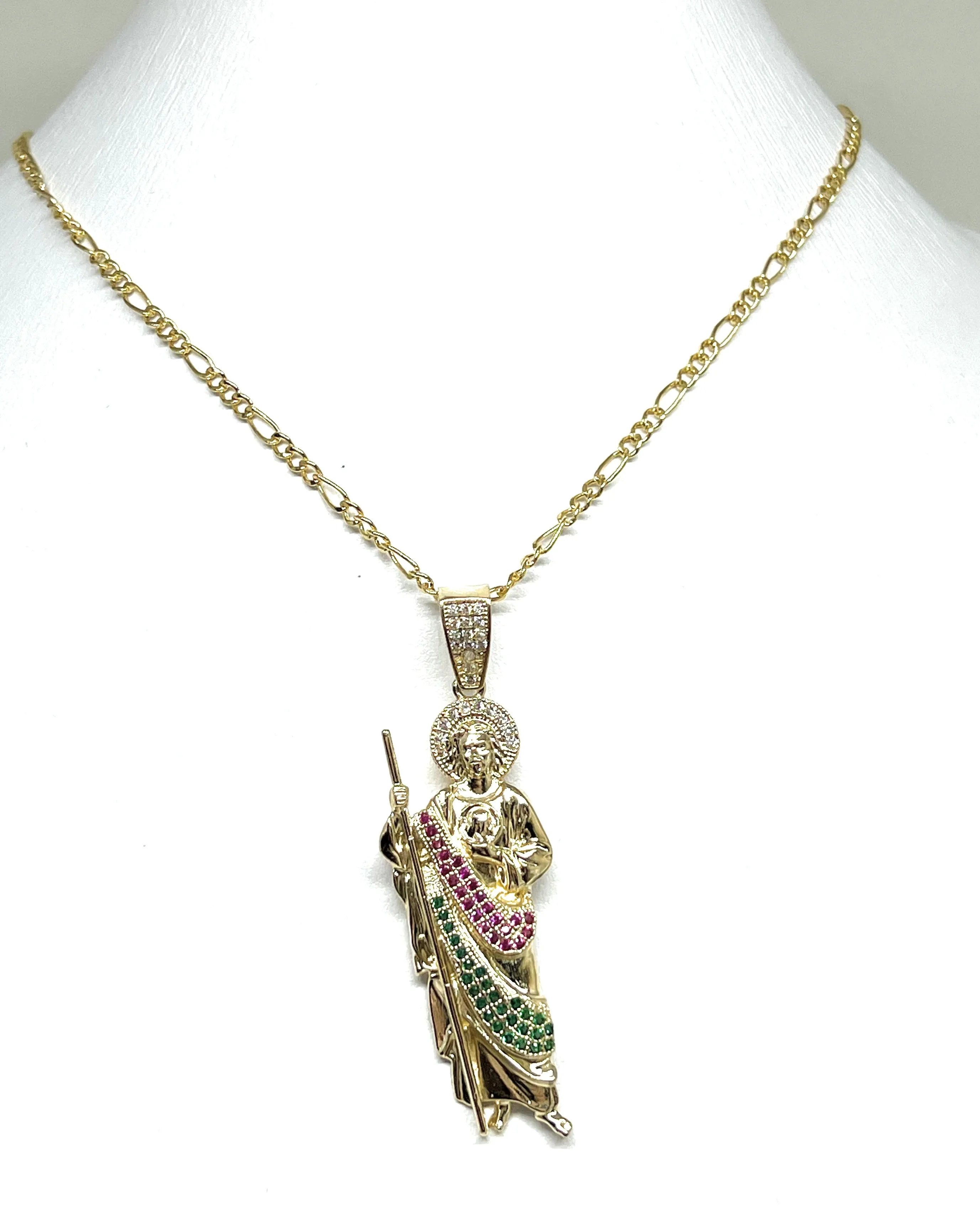 14k Solid Gold Yellow White, Green, Red CZ Saan Judas Saaint Jude Pendant with Chain Optional