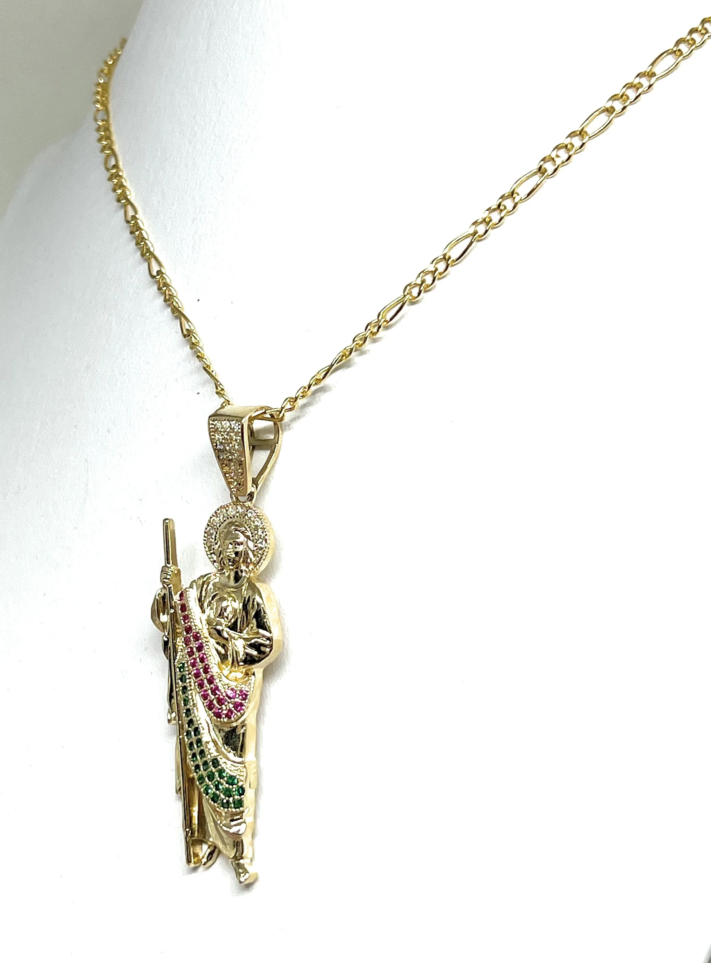 14k Solid Gold Yellow White, Green, Red CZ Saan Judas Saaint Jude Pendant with Chain Optional