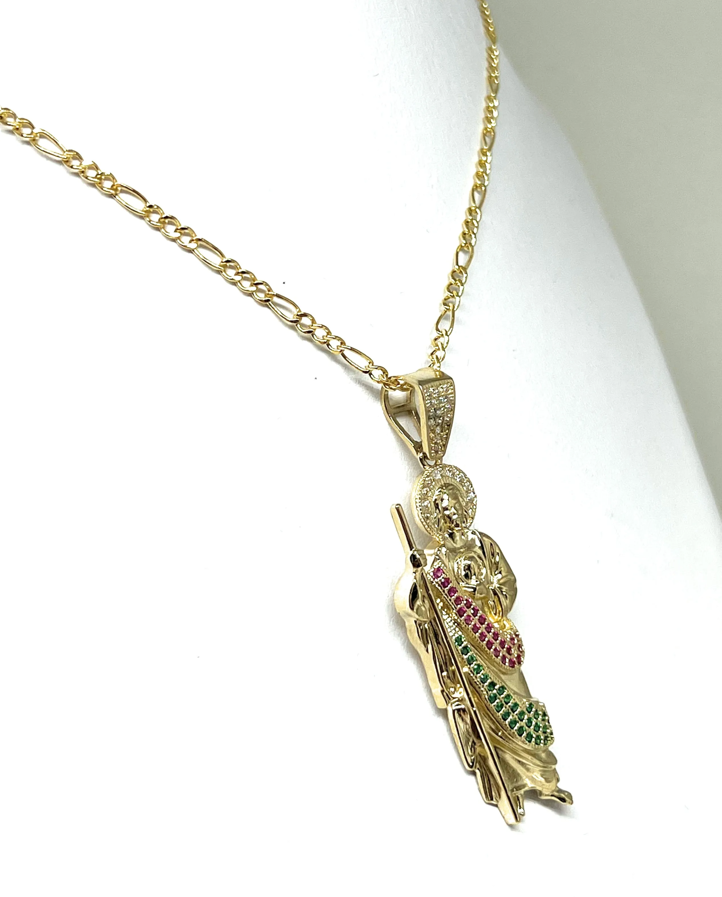 14k Solid Gold Yellow White, Green, Red CZ Saan Judas Saaint Jude Pendant with Chain Optional