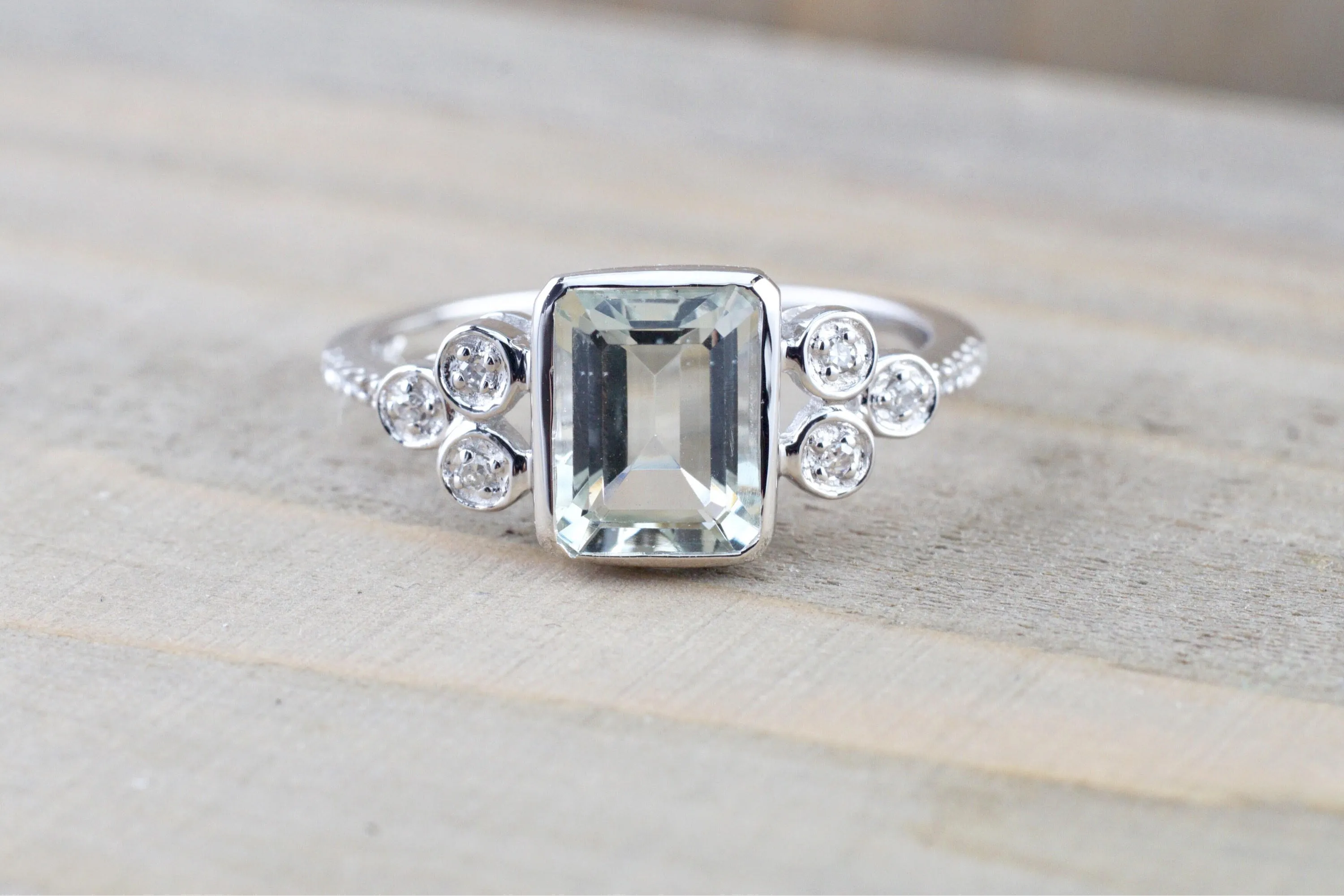 14k White Gold Bezel Emerald Cut Green Amethyst with Diamond Engagement Wedding Ring