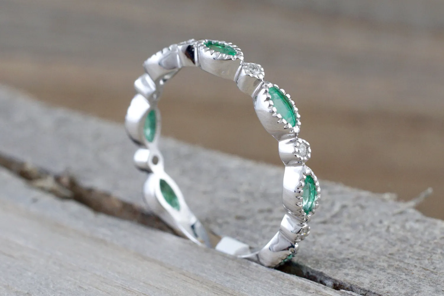 14k White Gold Marquis Cut Green Emerald And Round Brilliant Cut Diamond Engagement Pave Stackable Stacking Promise Ring Anniver