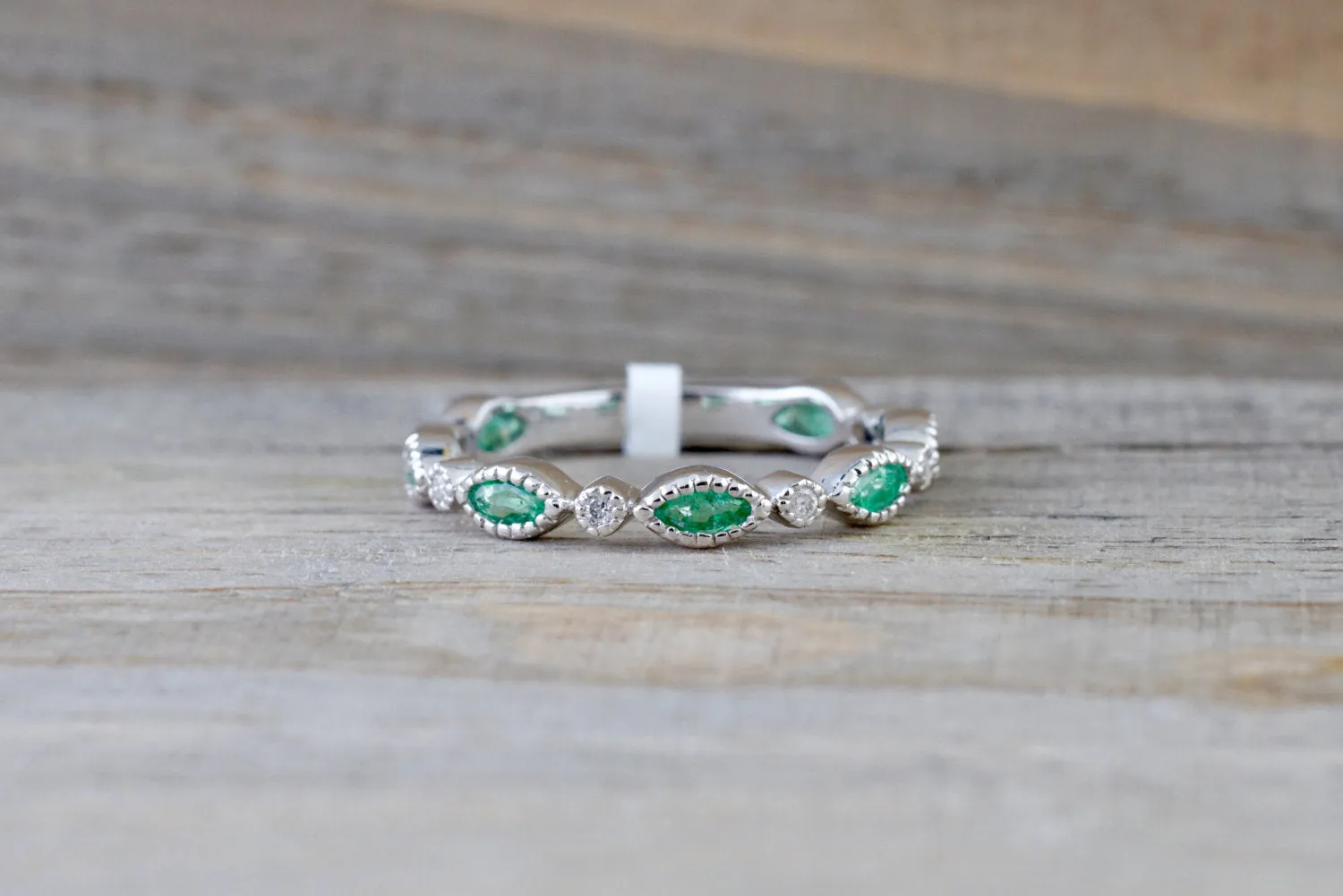 14k White Gold Marquis Cut Green Emerald And Round Brilliant Cut Diamond Engagement Pave Stackable Stacking Promise Ring Anniver