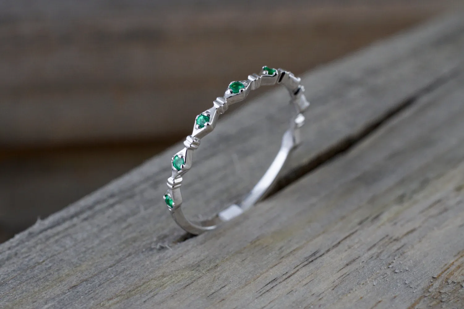 14k White Gold Round Cut Green Emerald Engagement Pave Stackable Stacking Promise Ring Anniversary