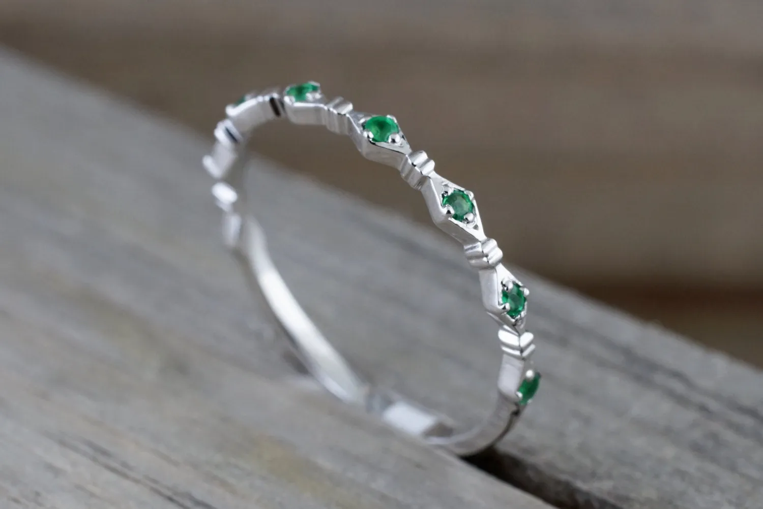 14k White Gold Round Cut Green Emerald Engagement Pave Stackable Stacking Promise Ring Anniversary