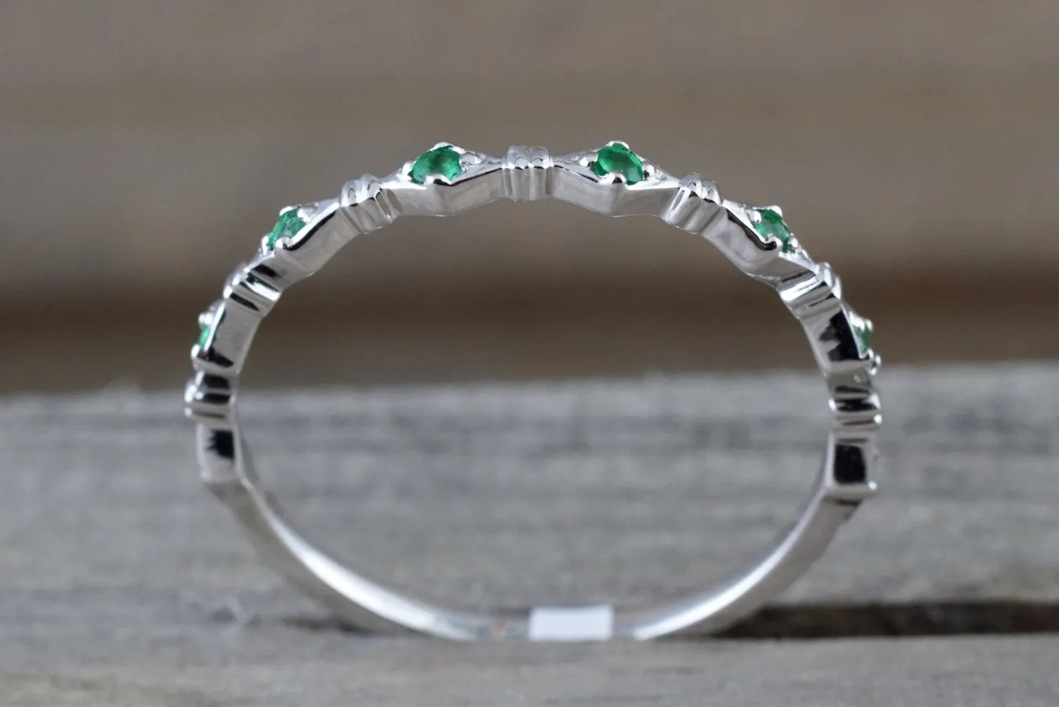 14k White Gold Round Cut Green Emerald Engagement Pave Stackable Stacking Promise Ring Anniversary