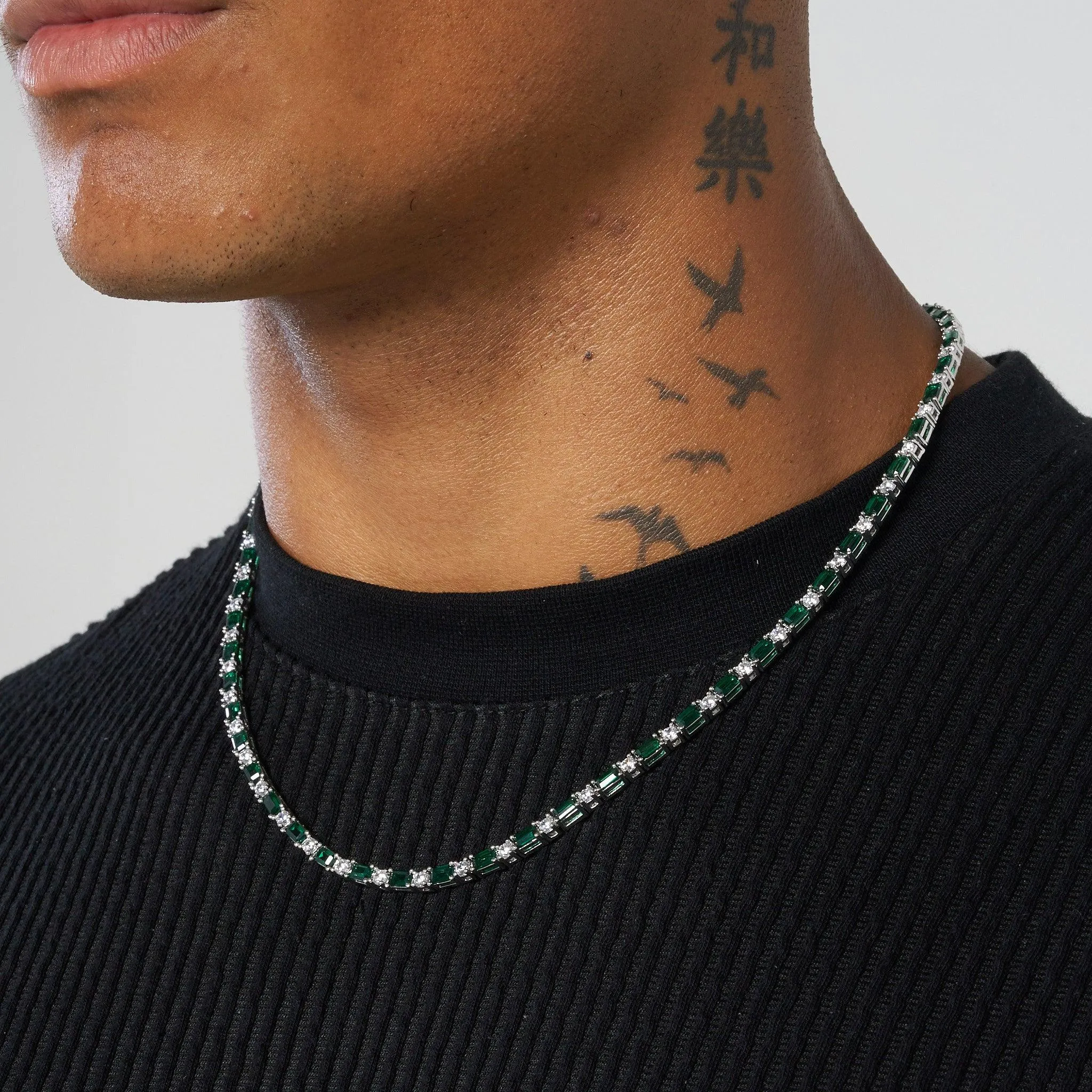 3mm WHITE & GREEN TENNIS CHAIN - WHITE GOLD