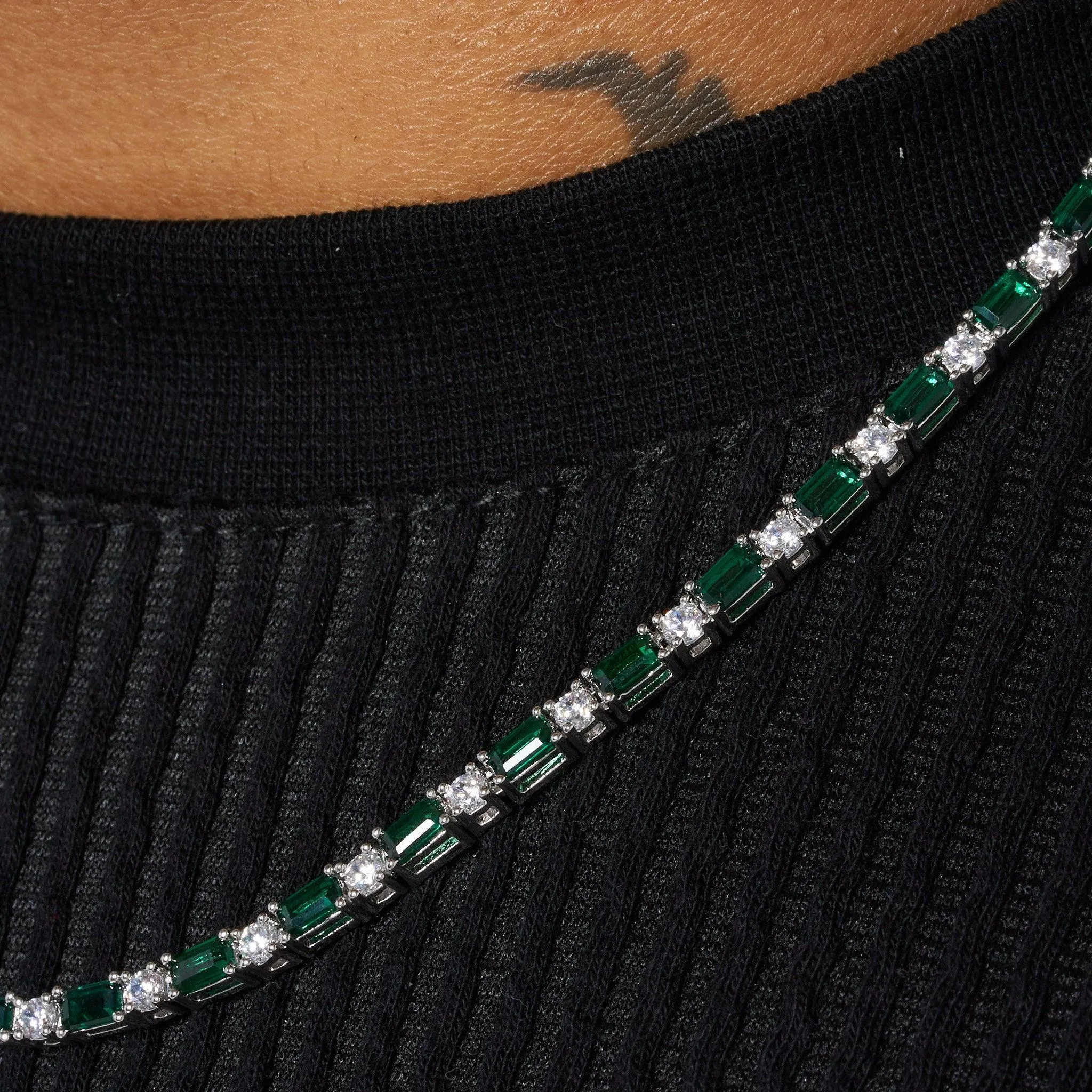 3mm WHITE & GREEN TENNIS CHAIN - WHITE GOLD