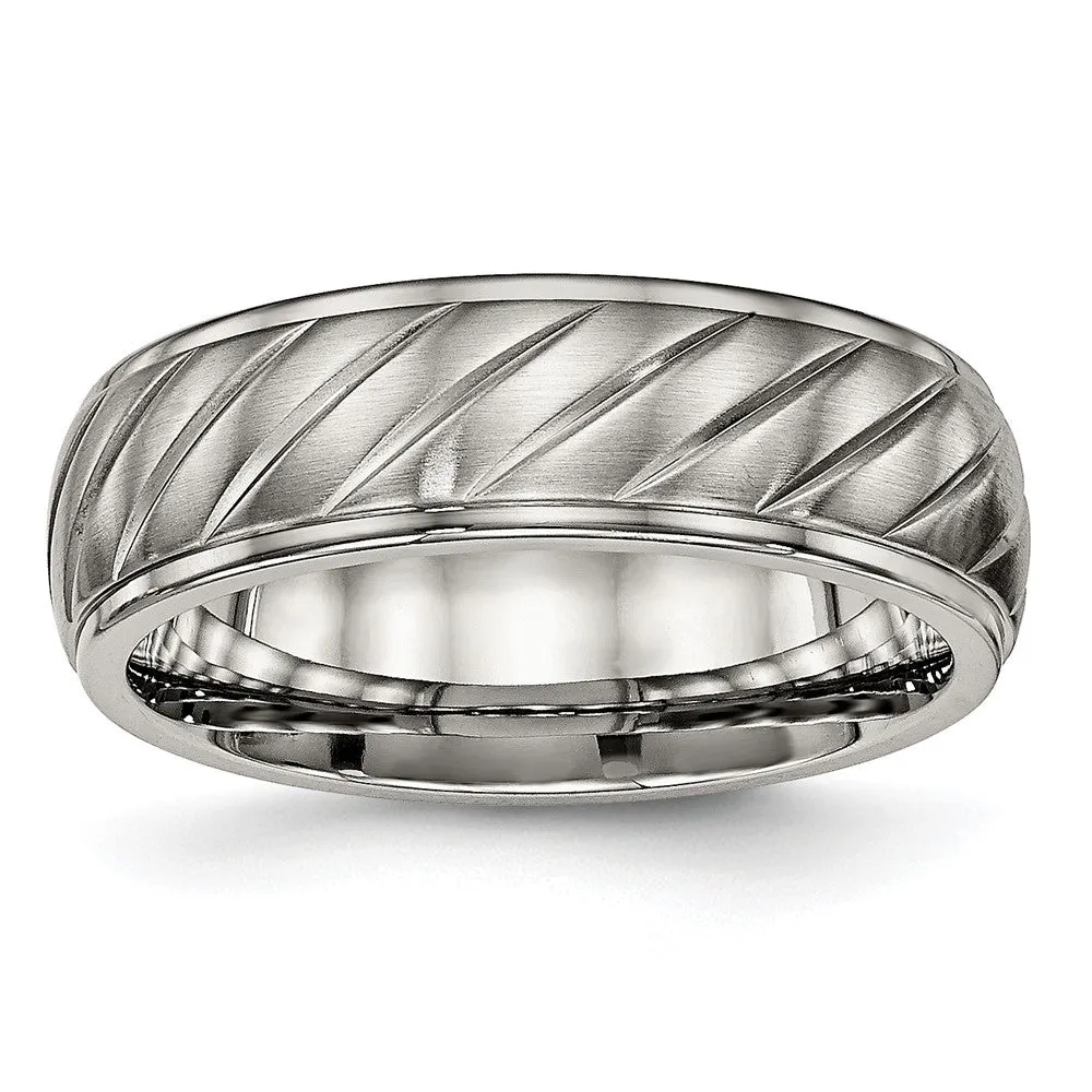 7mm Titanium Brushed Diagonal Grooved Ridged Edge Standard Fit Band