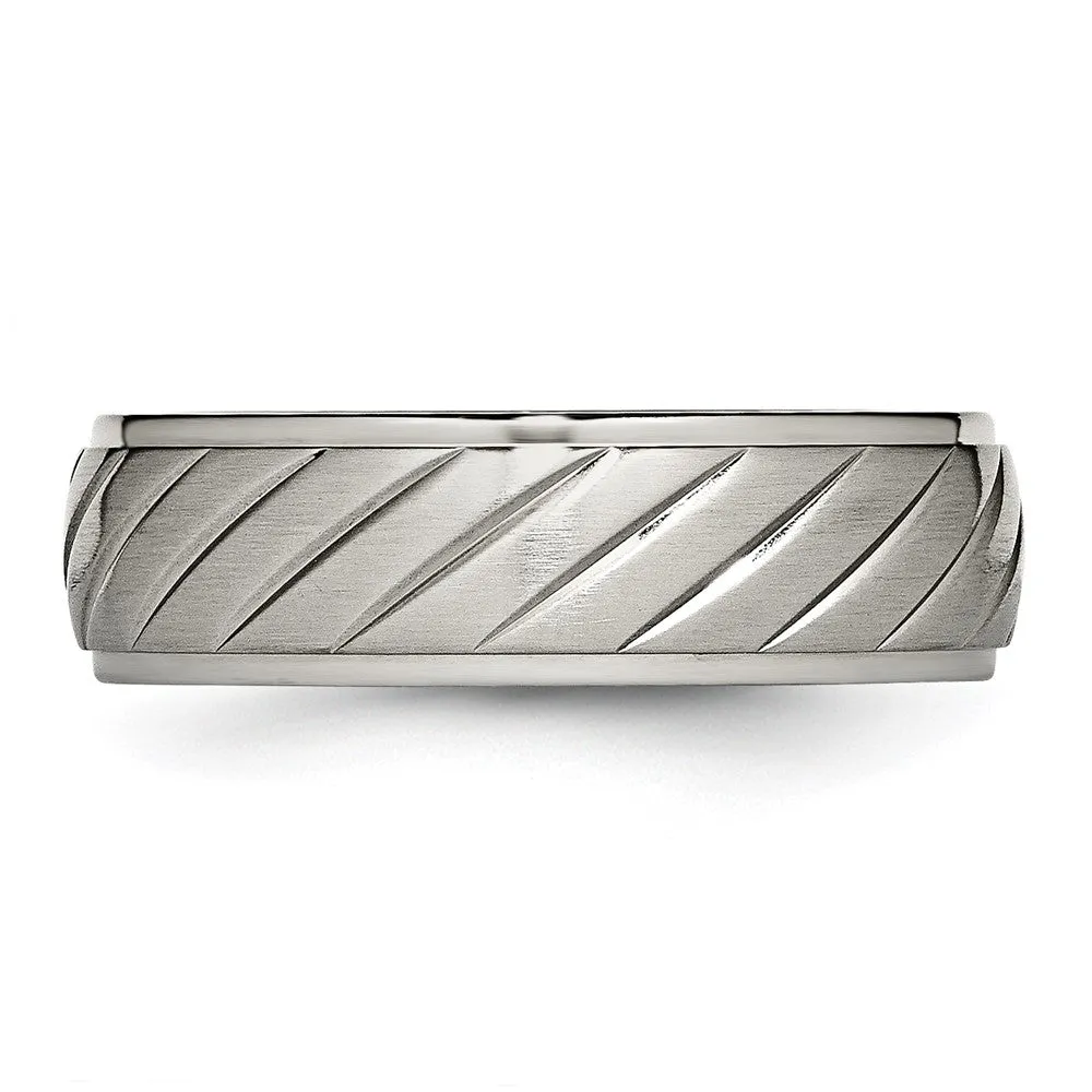 7mm Titanium Brushed Diagonal Grooved Ridged Edge Standard Fit Band