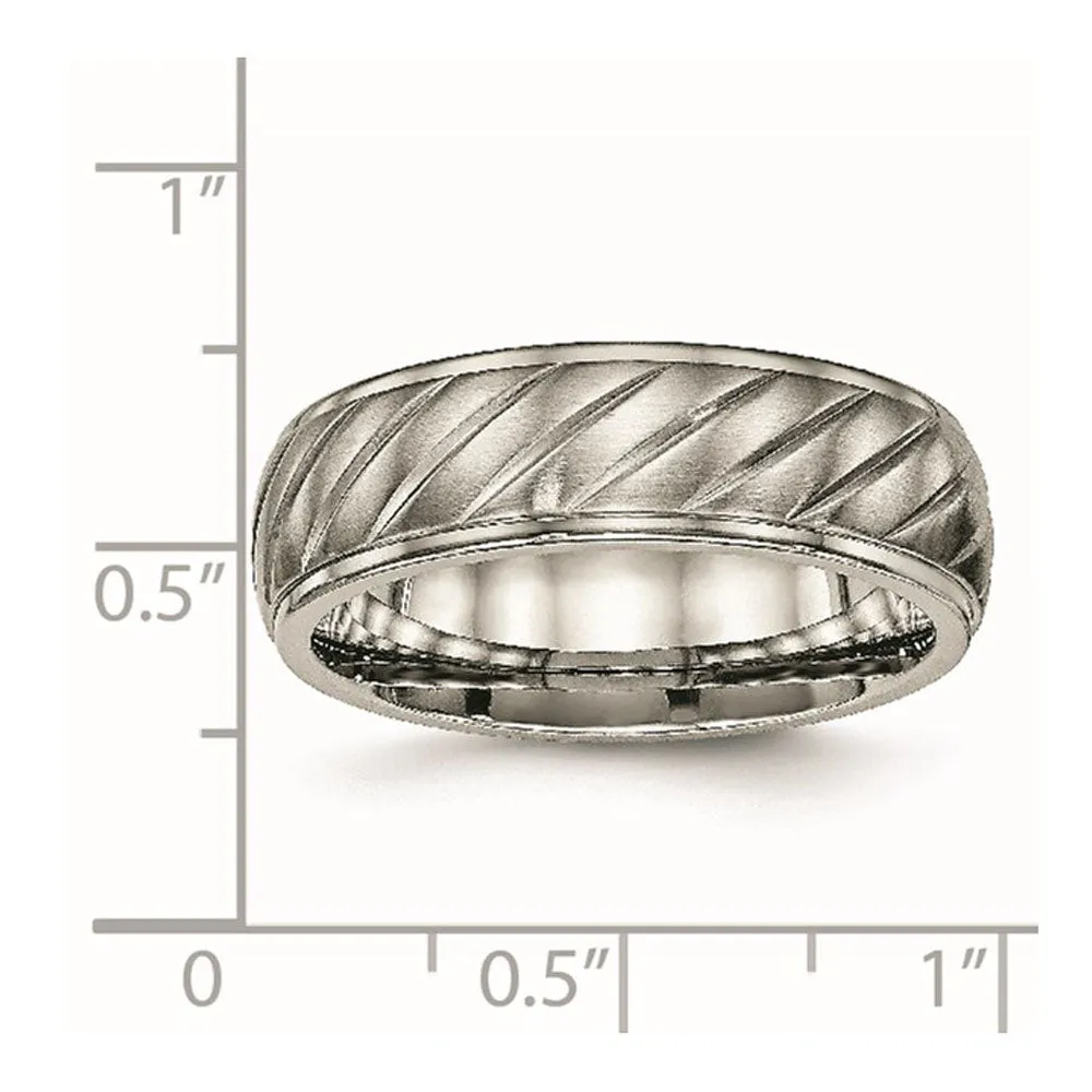 7mm Titanium Brushed Diagonal Grooved Ridged Edge Standard Fit Band