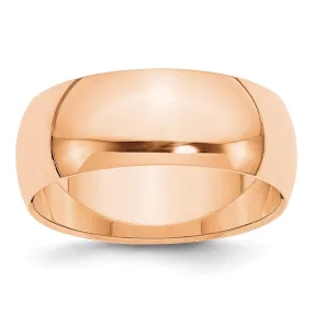 8mm 10K Rose Gold Light or Standard Wgt Half Round Standard Fit Band