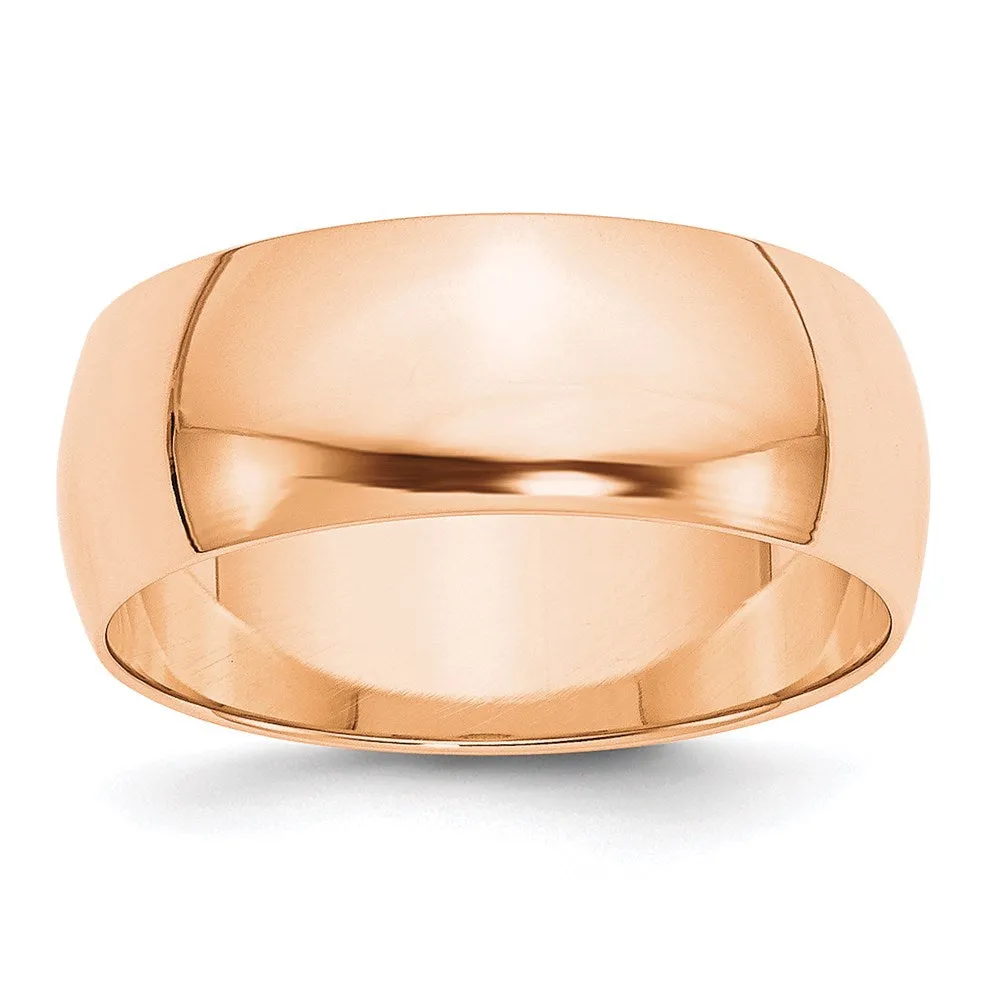 8mm 10K Rose Gold Light or Standard Wgt Half Round Standard Fit Band