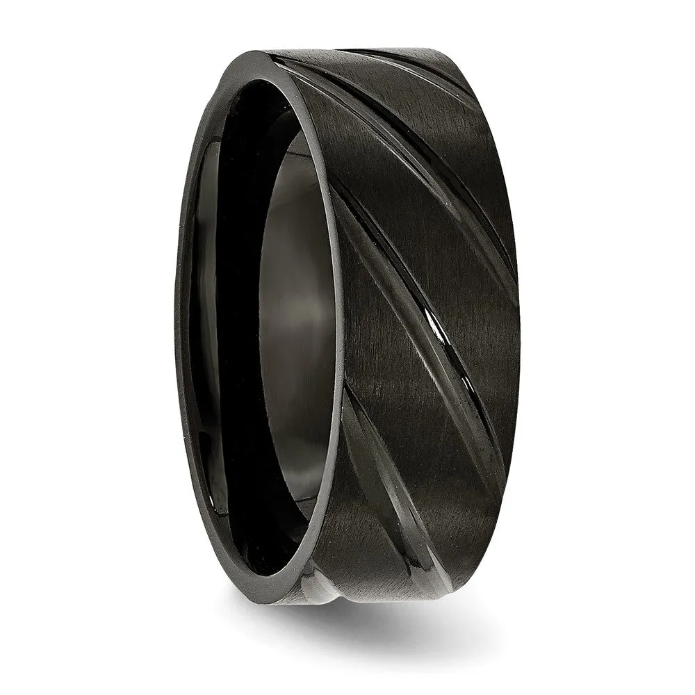 8mm Black Plated Titanium Brushed Grooved Standard Fit Band