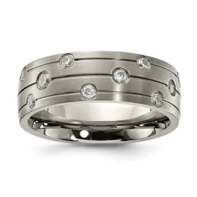 8mm Titanium & CZ Brushed & Grooved Standard Fit Band