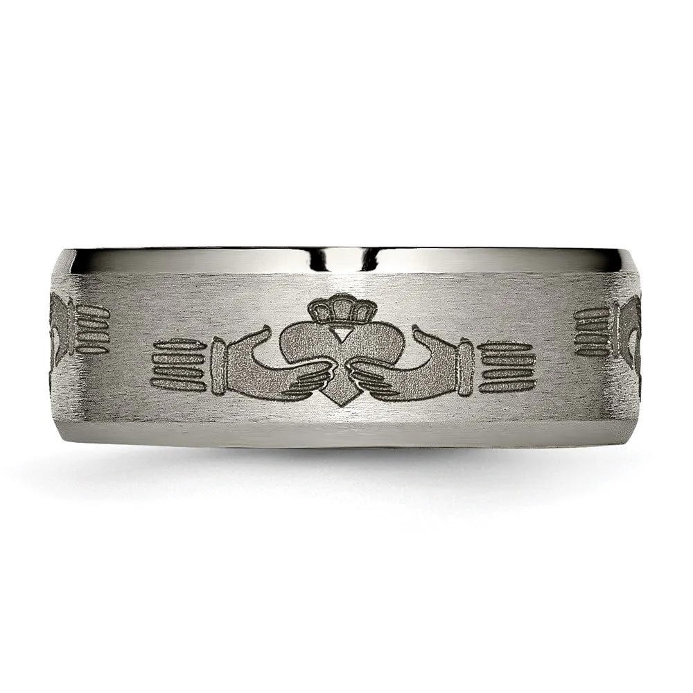 8mm Titanium Laser Etched Claddagh Beveled Standard Fit Band