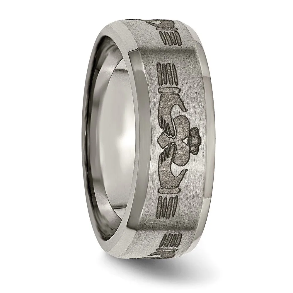 8mm Titanium Laser Etched Claddagh Beveled Standard Fit Band