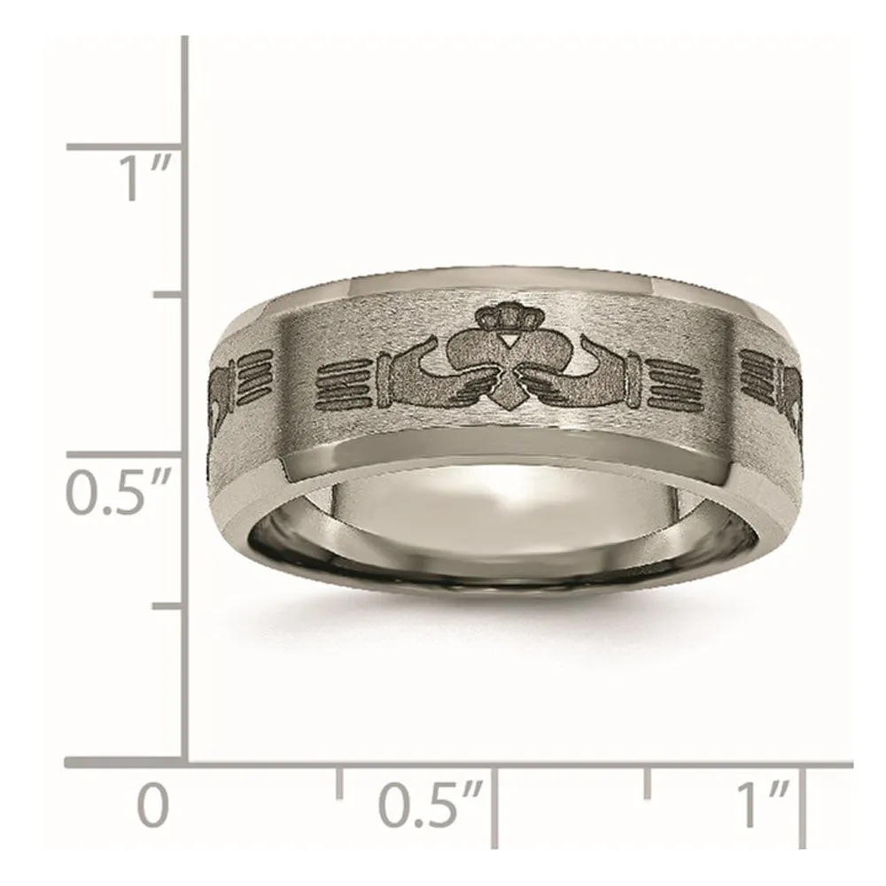 8mm Titanium Laser Etched Claddagh Beveled Standard Fit Band