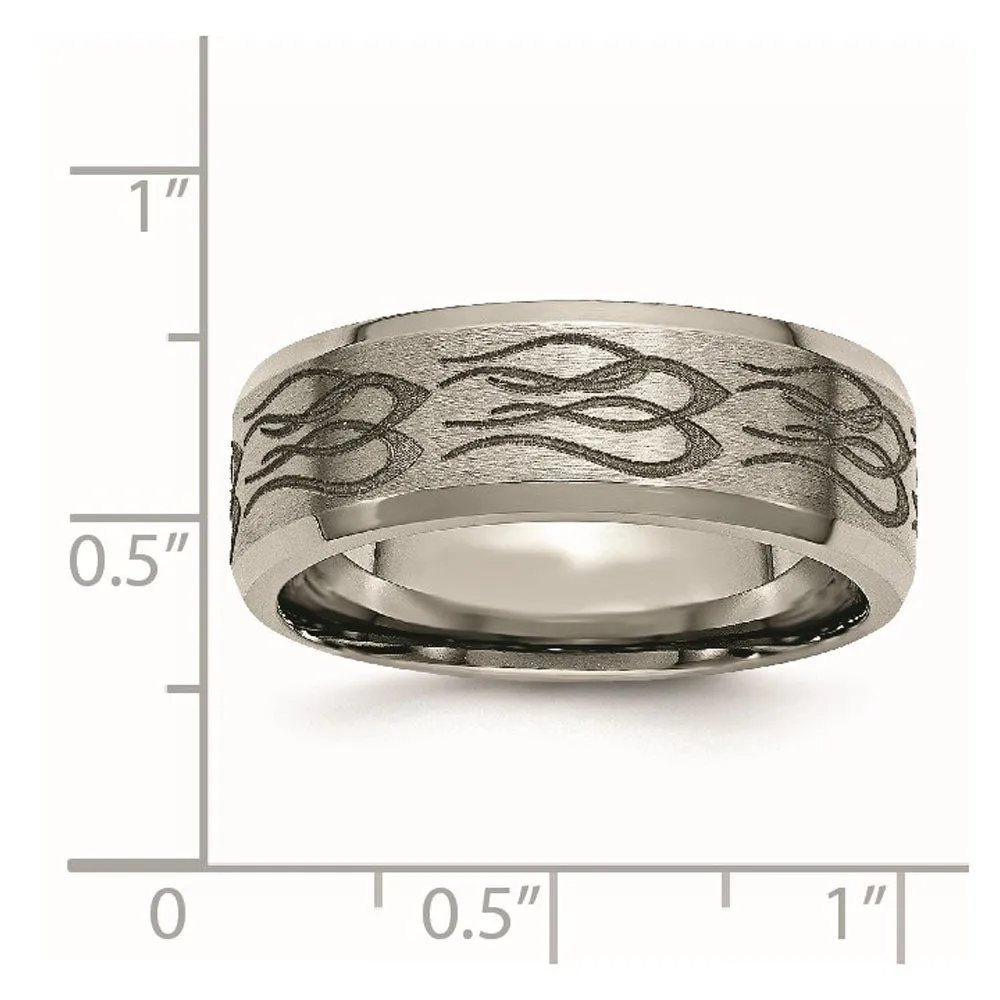 8mm Titanium Laser Etched Flames Beveled Edge Standard Fit Band