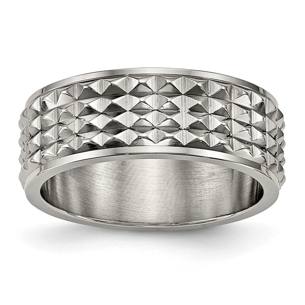 8mm Titanium Polished Studded Ridged Edge Standard Fit Band