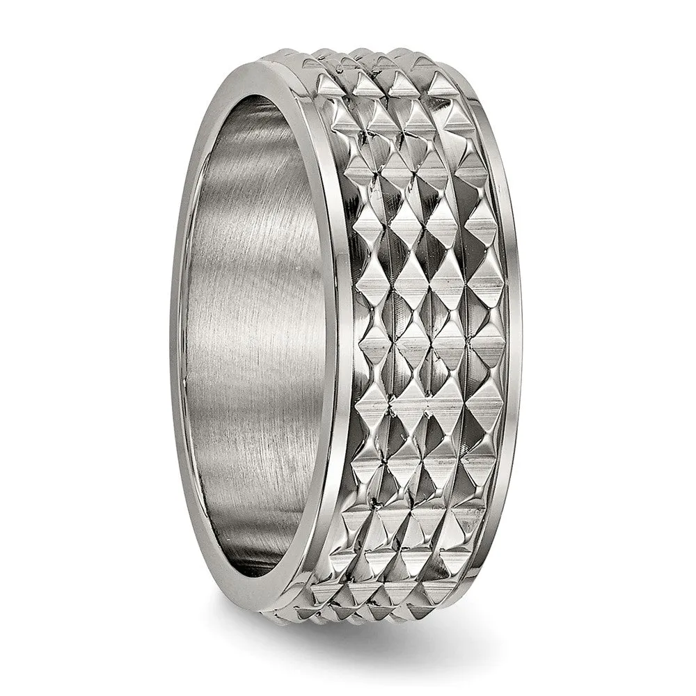 8mm Titanium Polished Studded Ridged Edge Standard Fit Band