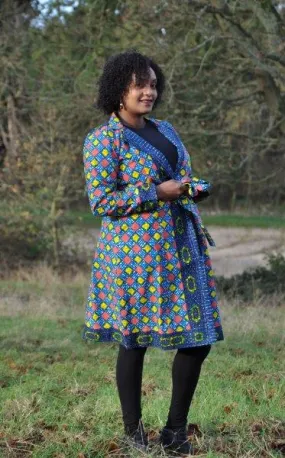 African Ankara Blue & Multi Midi Length Tie-up Coat - African Clothing Store | JT Aphrique