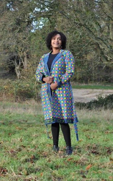 African Ankara Blue & Multi Midi Length Tie-up Coat - African Clothing Store | JT Aphrique