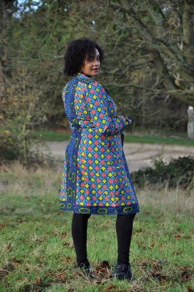 African Ankara Blue & Multi Midi Length Tie-up Coat - African Clothing Store | JT Aphrique