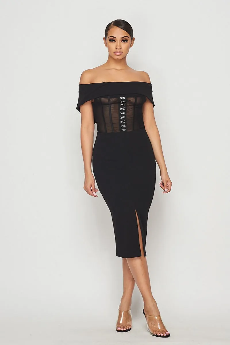 Black Mesh Hook & Eye Off Shoulder Bodycon Midi Dress